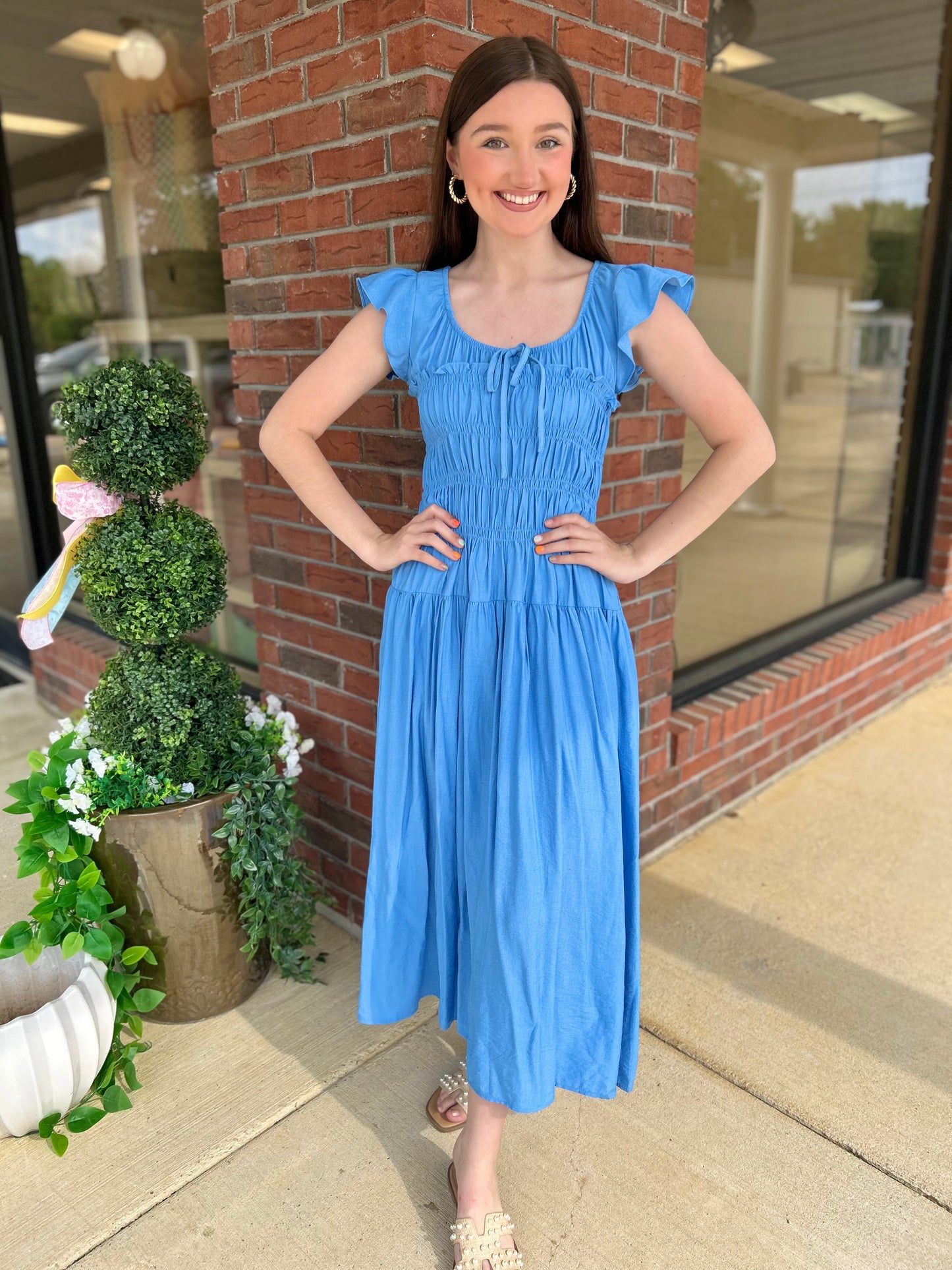 Blue Shirred Bodice Ruffle Sleeve Midi Dress