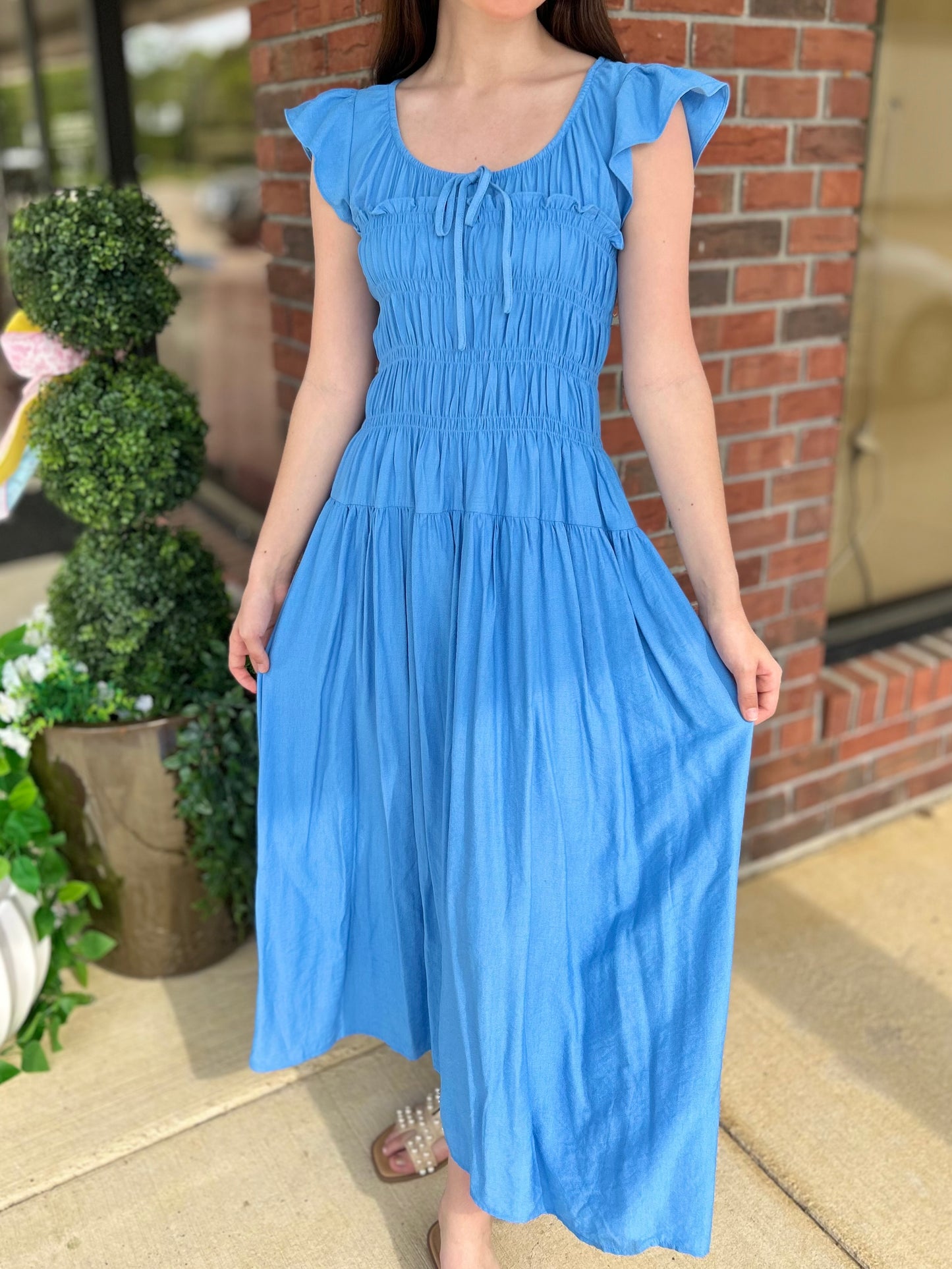 Blue Shirred Bodice Ruffle Sleeve Midi Dress