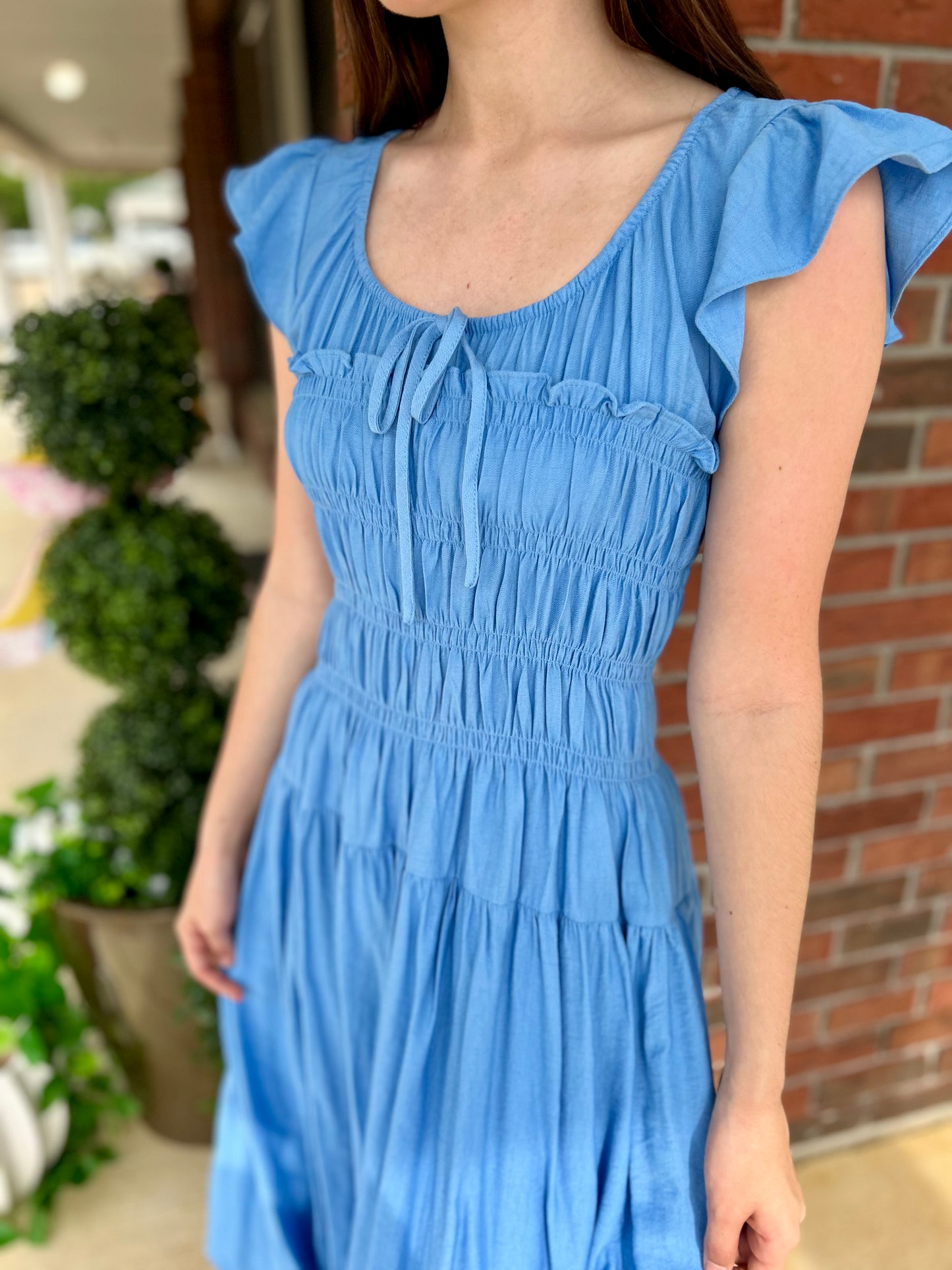 Blue Shirred Bodice Ruffle Sleeve Midi Dress