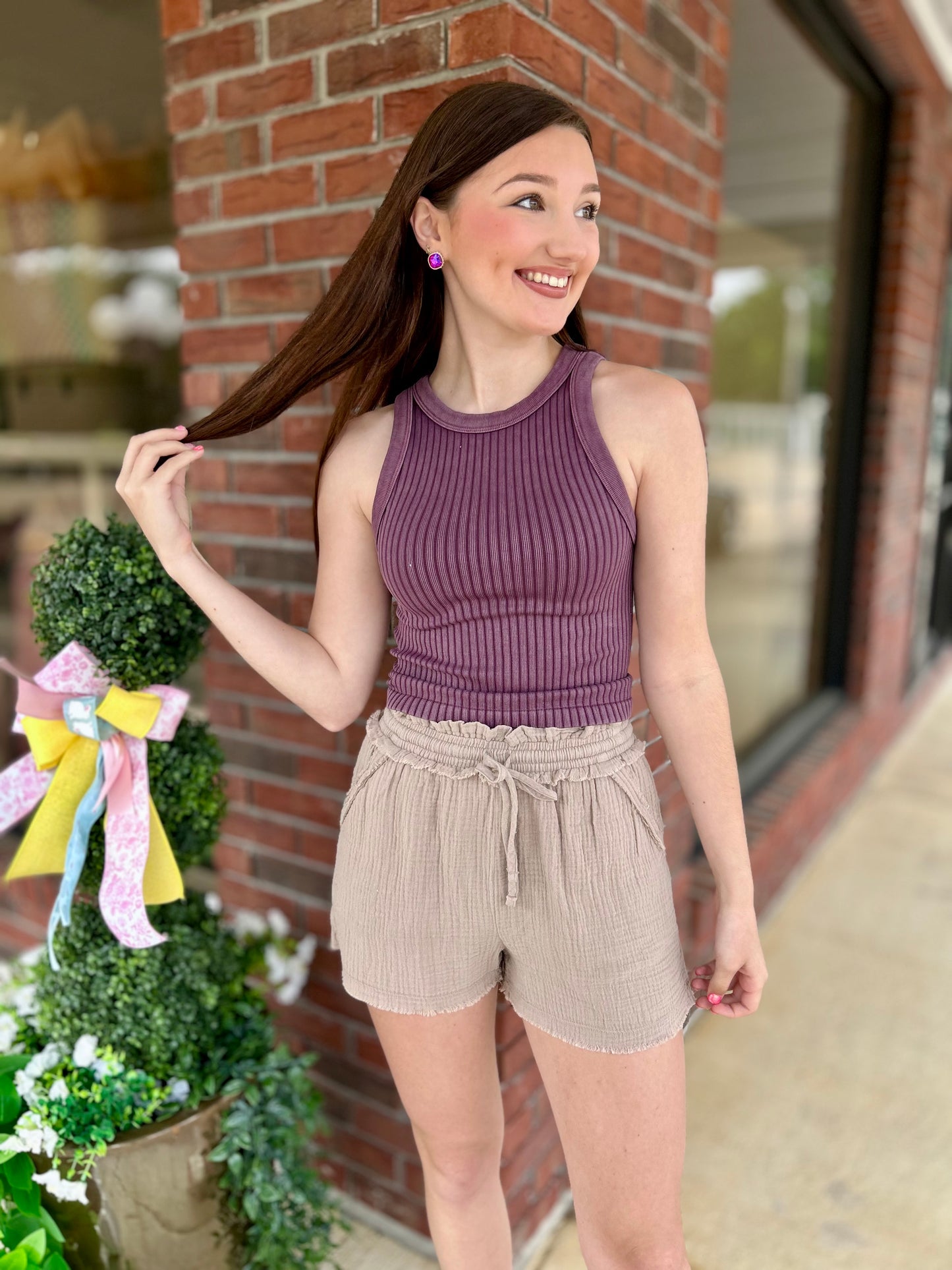 Eggplant Ribbed Washed Seamless Tank Top