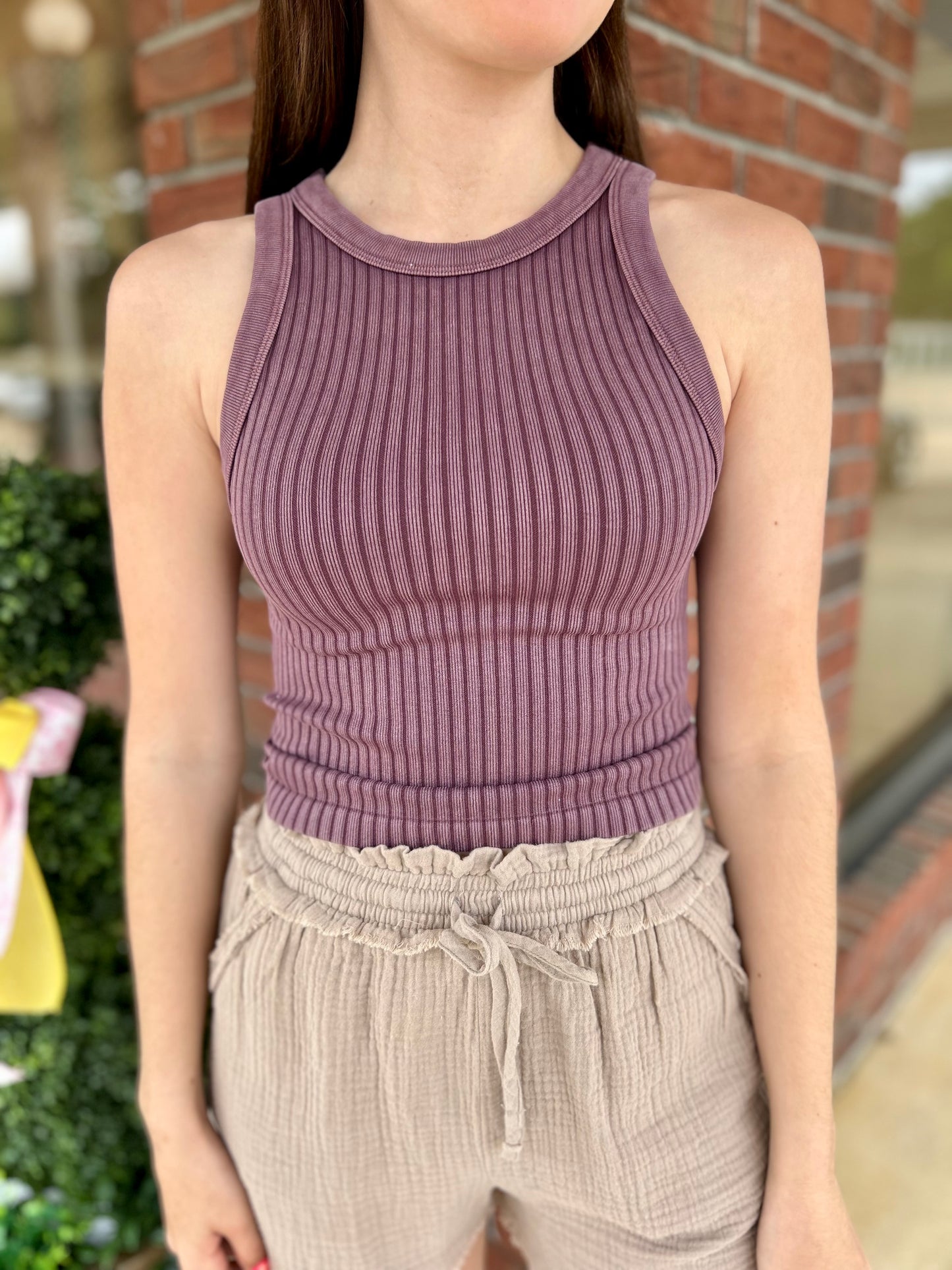 Eggplant Ribbed Washed Seamless Tank Top