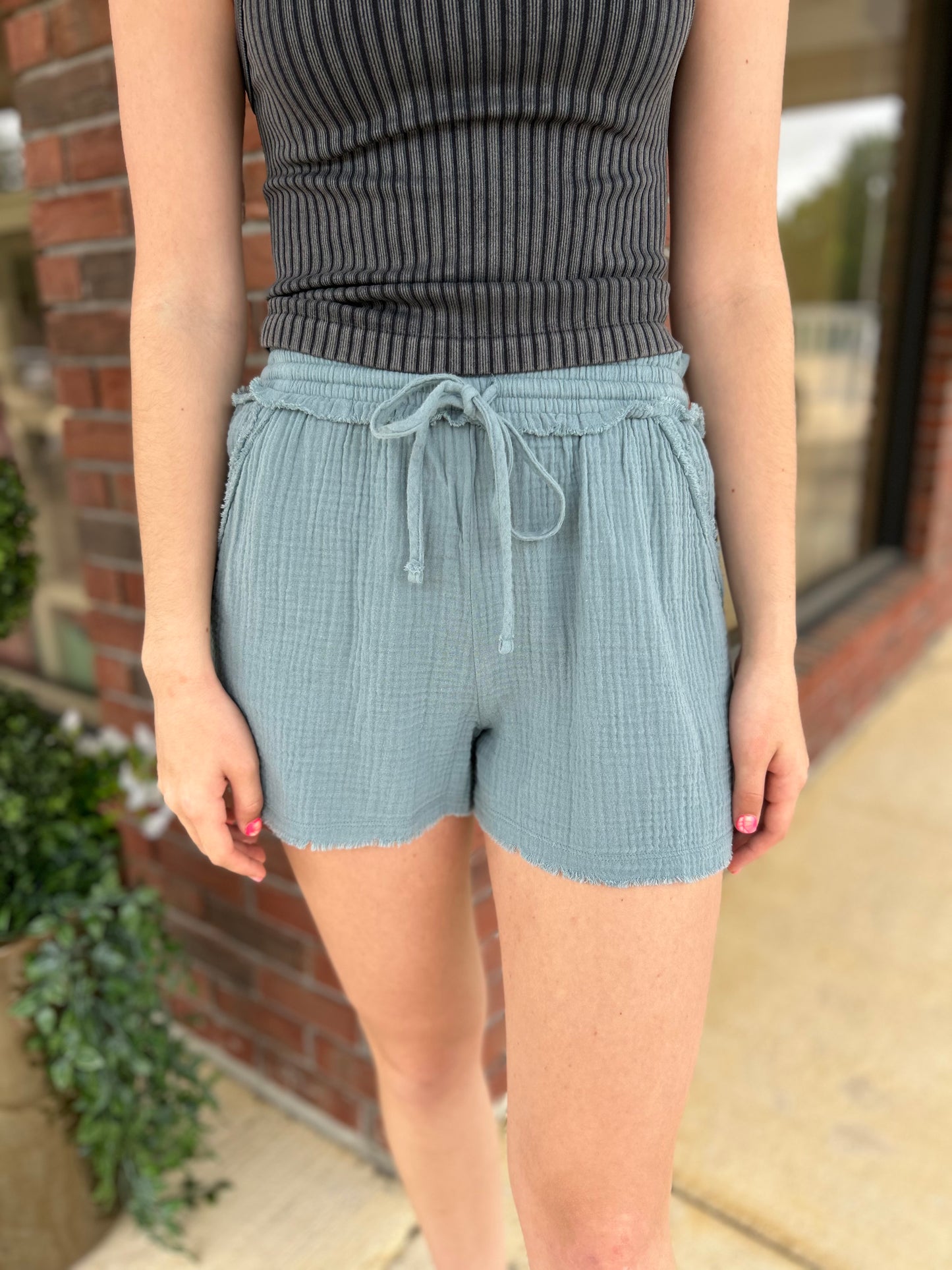 Blue Grey Double Gauze Drawstring Shorts