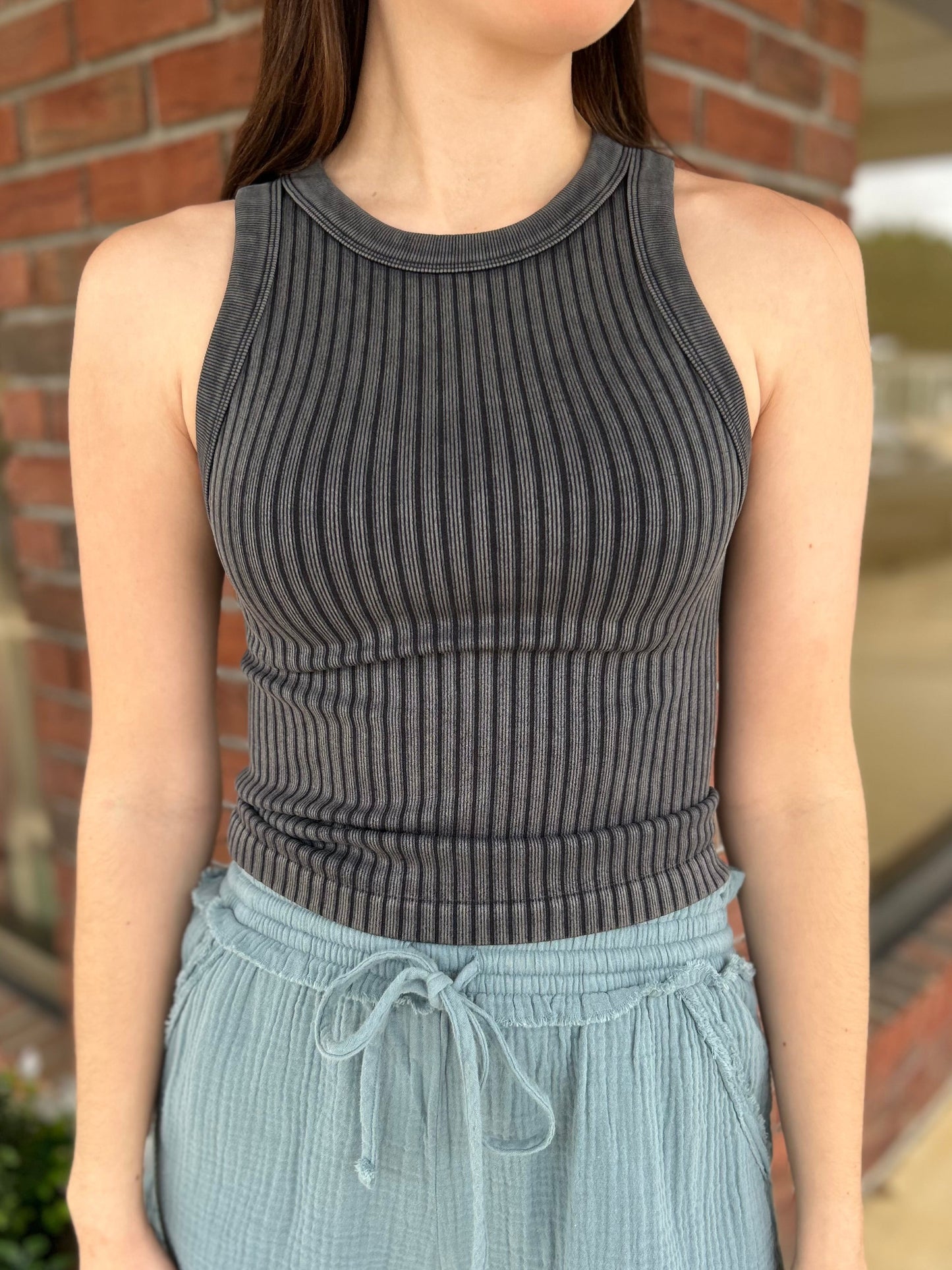 Black Ribbed Washed Seamless Tank Top