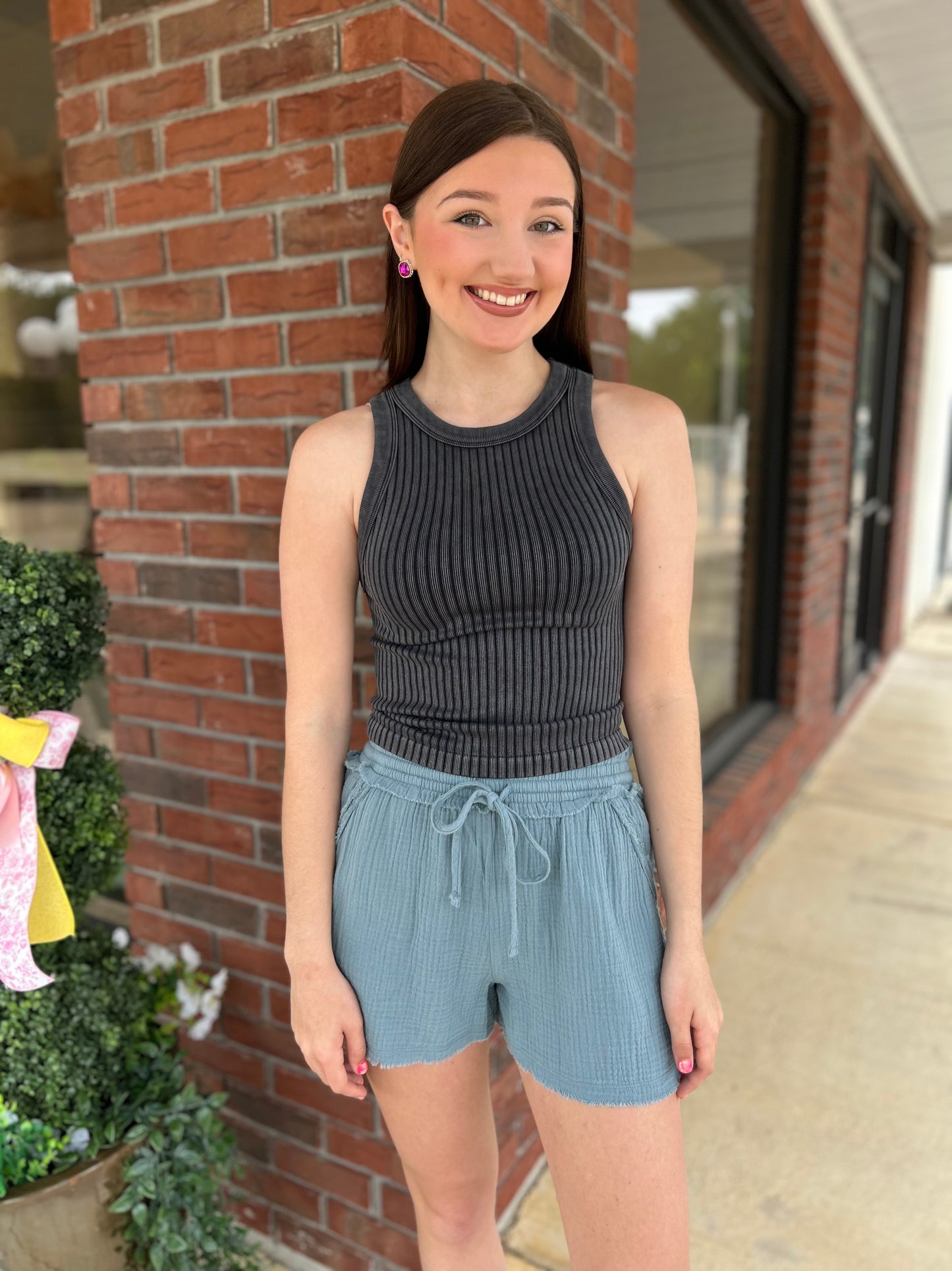 Black Ribbed Washed Seamless Tank Top