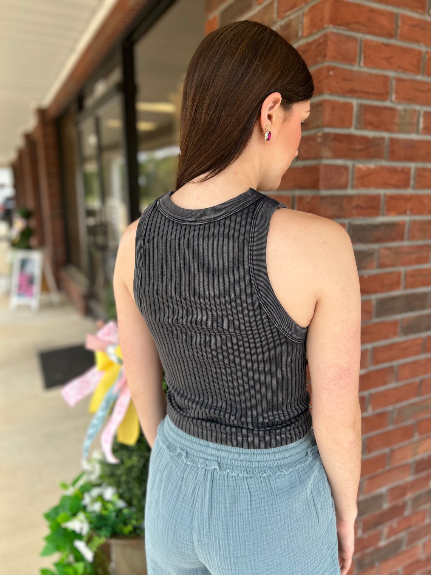 Black Ribbed Washed Seamless Tank Top