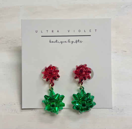 Red & Green Christmas Bow Dangle Earrings
