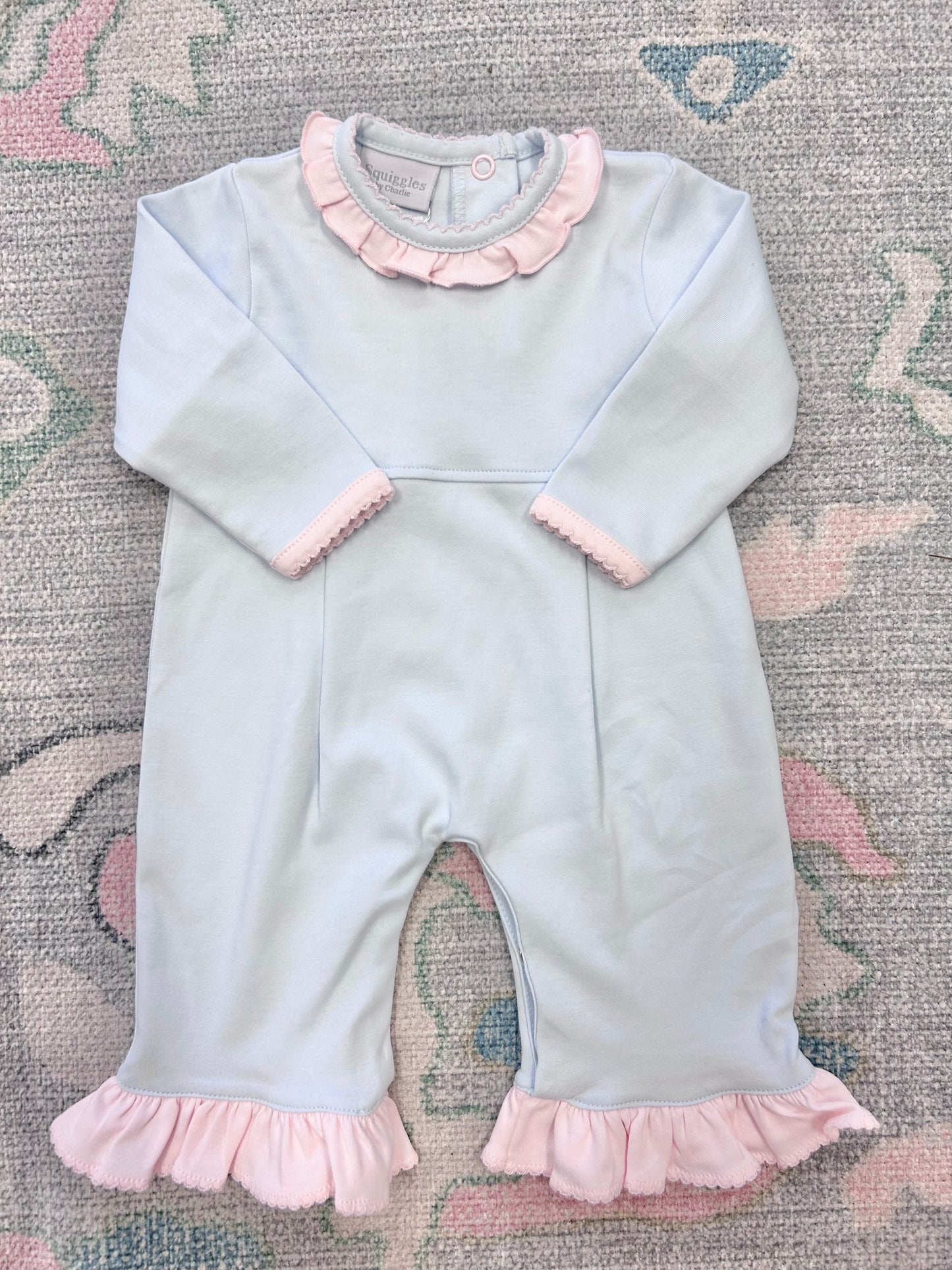Light Blue Long Pant Set with Light Pink Ruffle Neck
