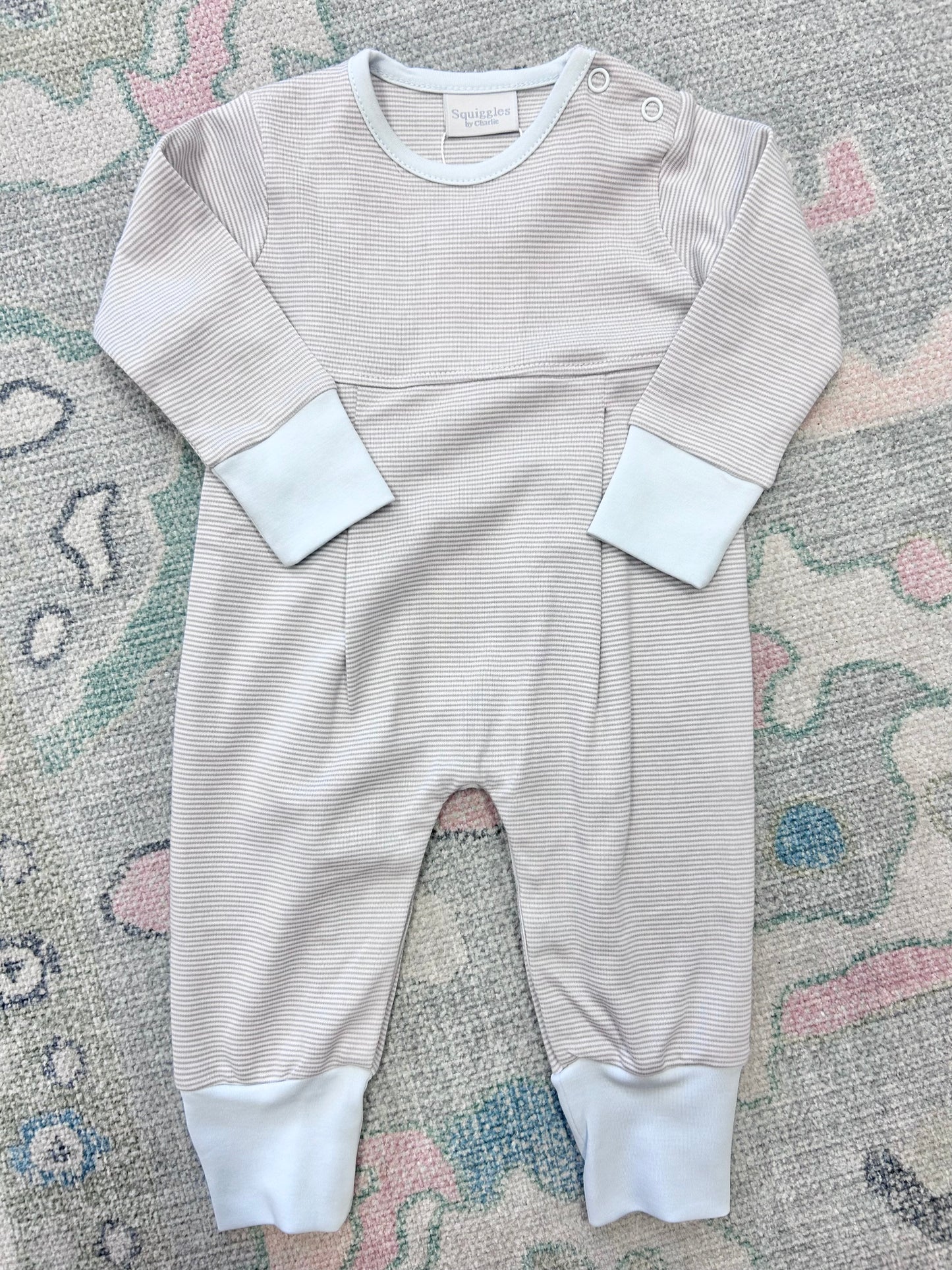 Gray Mini Stripe With Light Blue Trim Long Sleeve Coverall