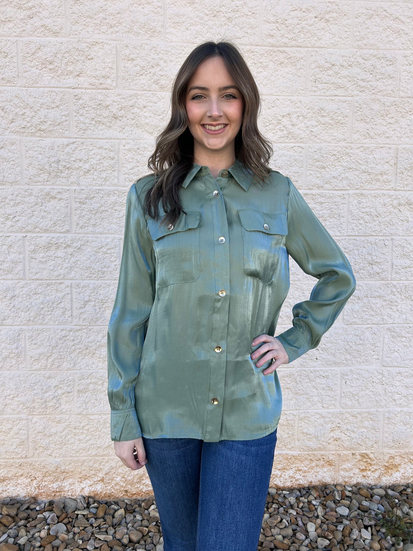 Keep Your Secret Sage Shimmer Button Up Top