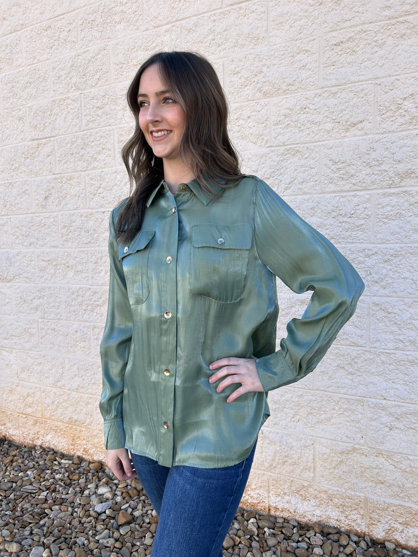Keep Your Secret Sage Shimmer Button Up Top