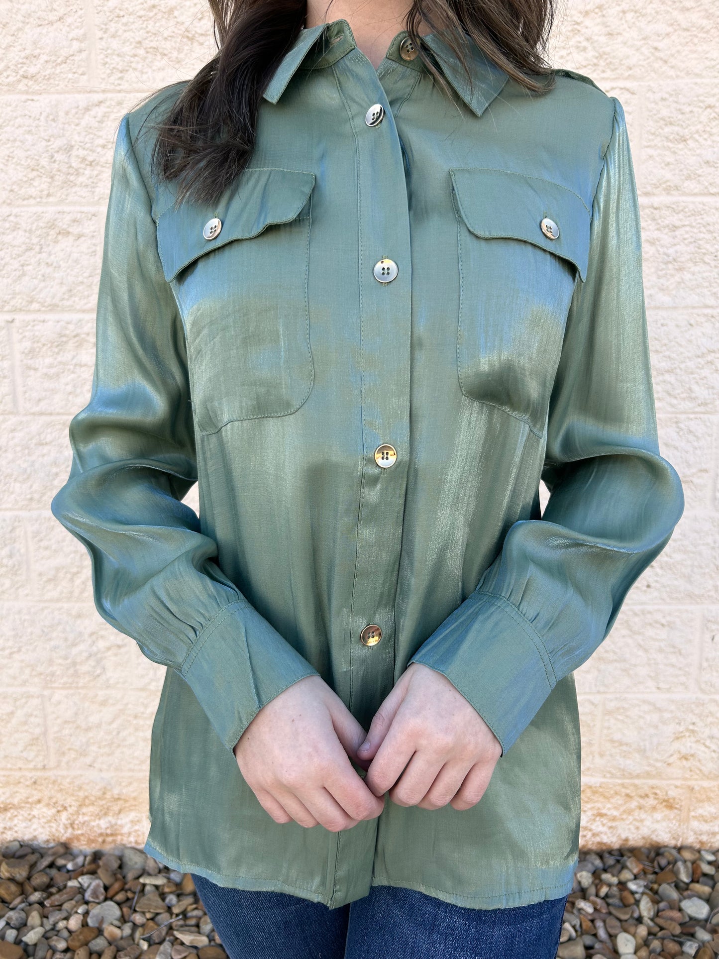 Keep Your Secret Sage Shimmer Button Up Top