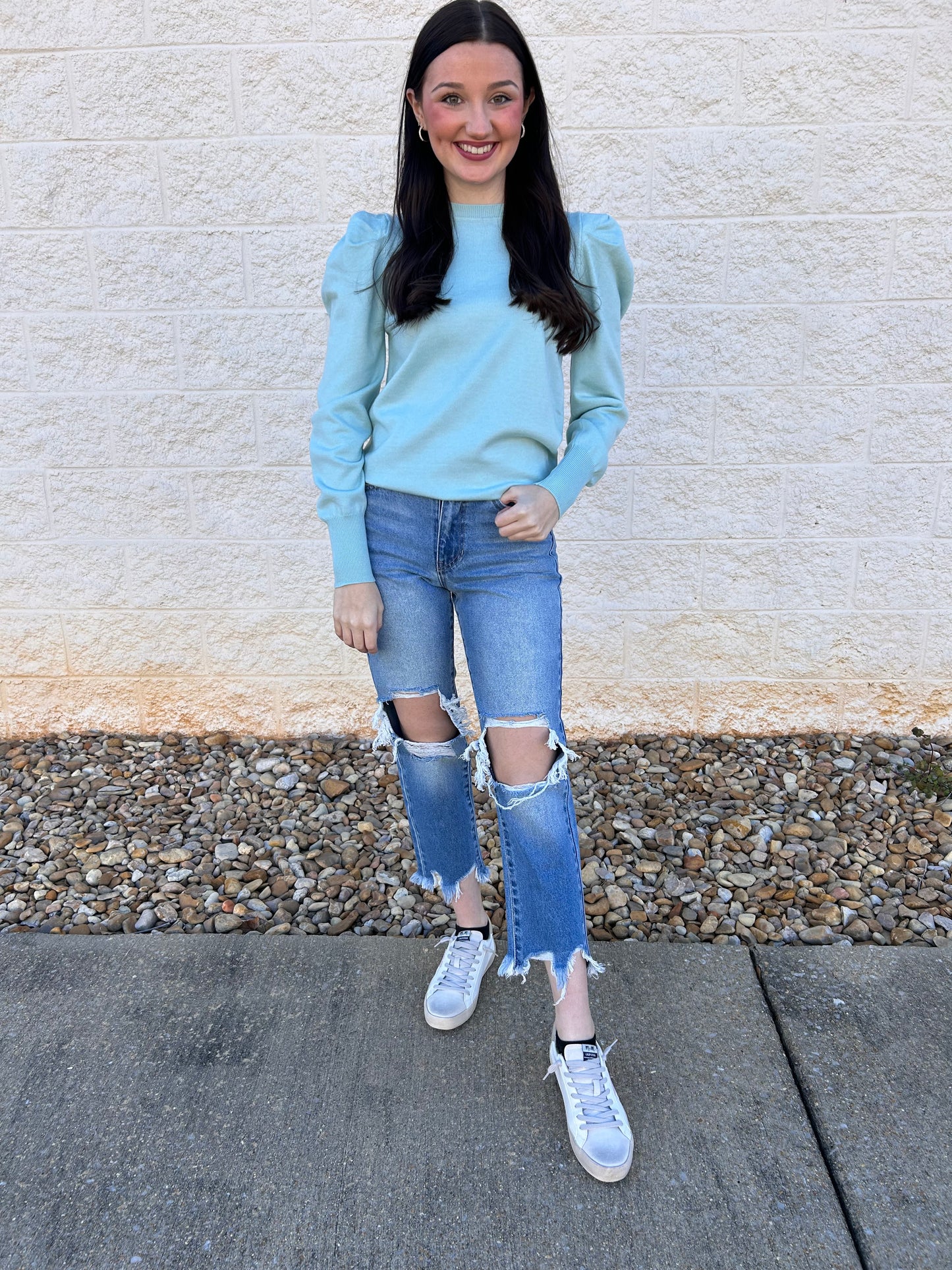 Mint Crew Neck Puff Sleeve Sweater