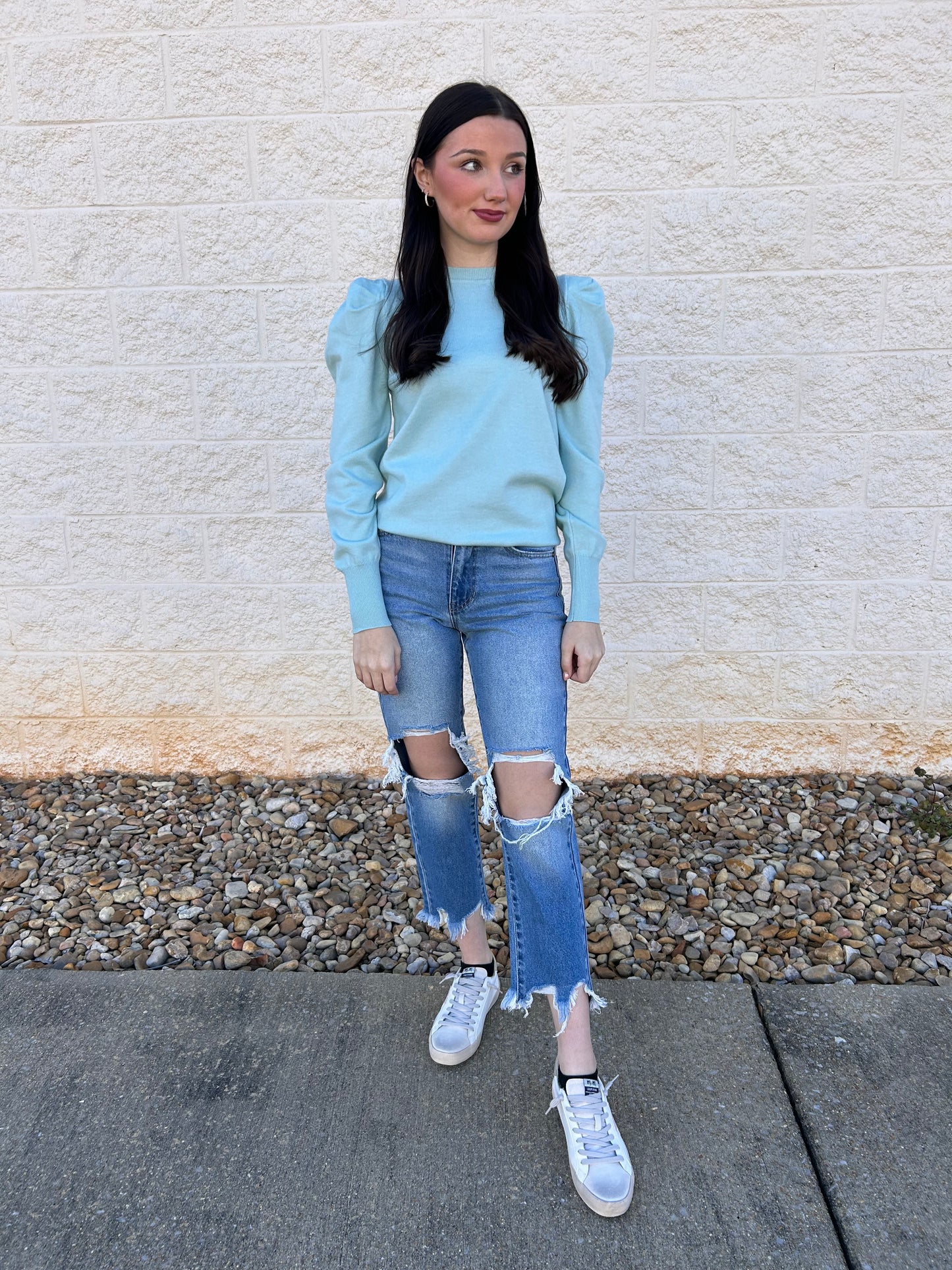Mint Crew Neck Puff Sleeve Sweater