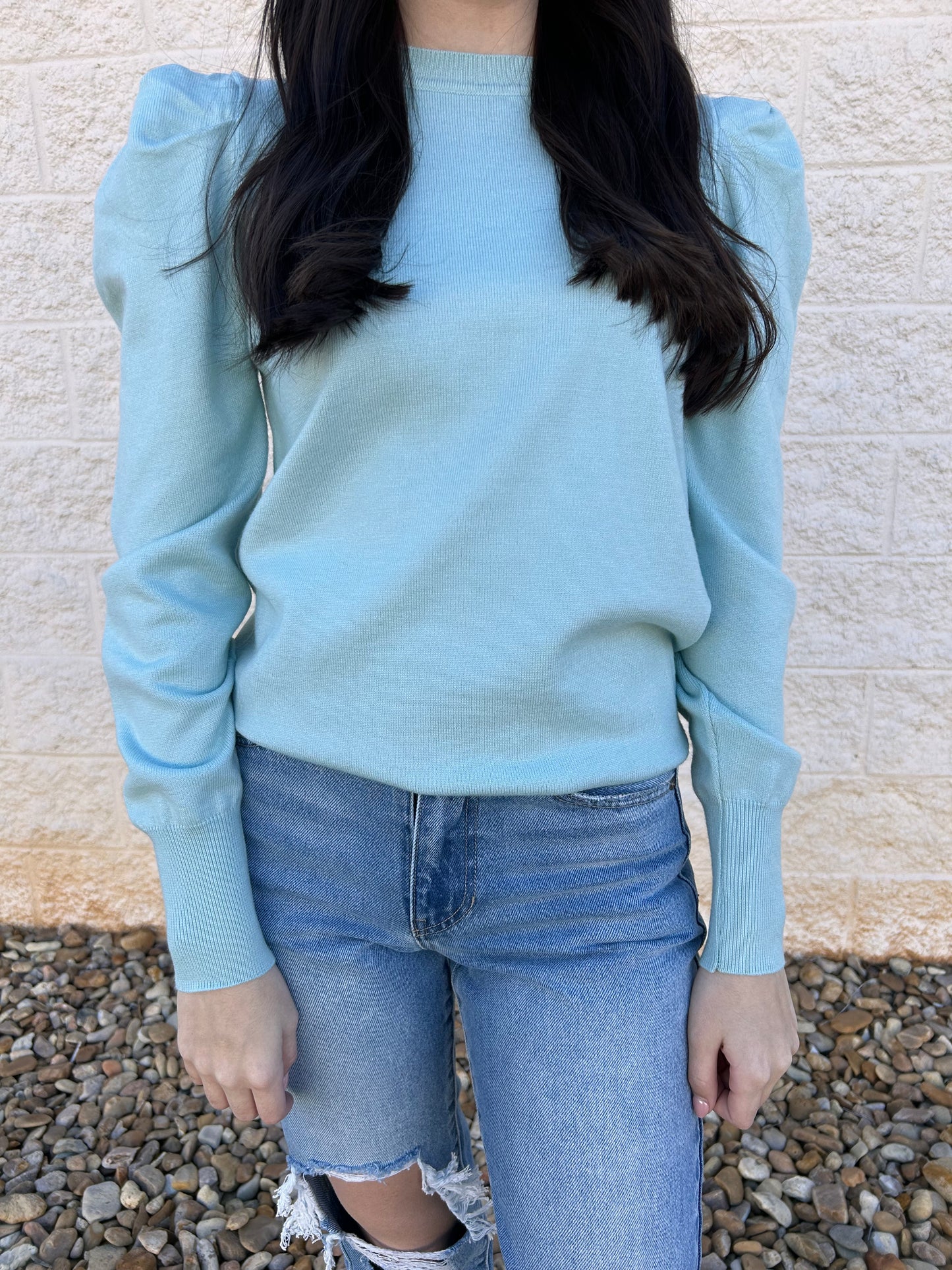 Mint Crew Neck Puff Sleeve Sweater