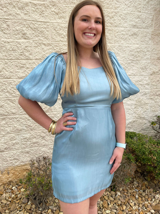 Baby Blues Satin Puff Sleeve Dress