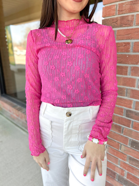Hot Pink Sheer Floral Lace Long Sleeve Layering Top