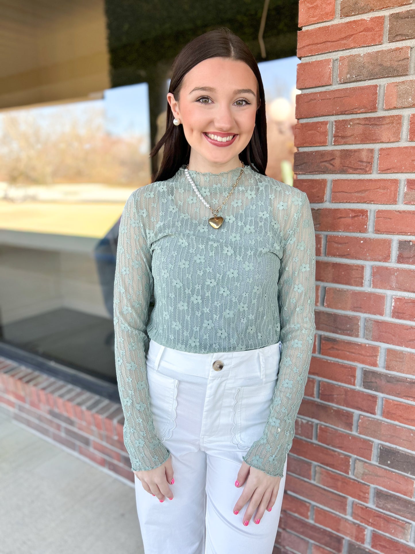 Sage Green Sheer Floral Lace Long Sleeve Layering Top