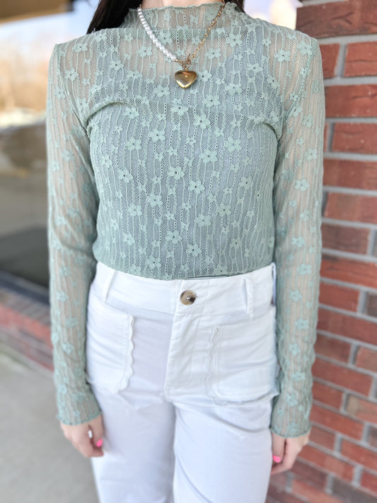 Sage Green Sheer Floral Lace Long Sleeve Layering Top