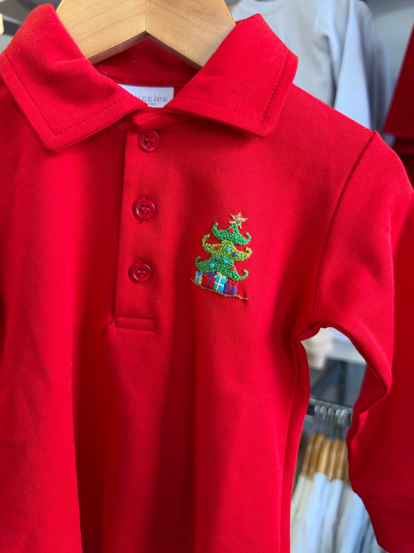 Boy's Red Long Sleeve Christmas Tree Polo