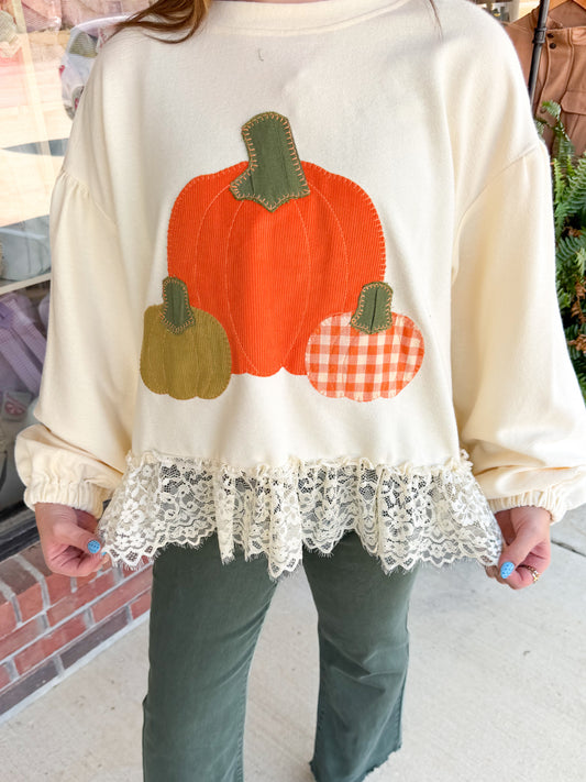 Pumpkin Applique Lace Trim Top