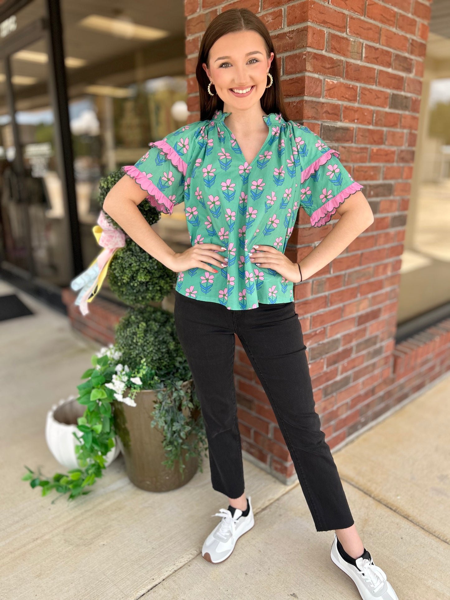 Pretty Preppy Ruffle Sleeve Floral Blouse
