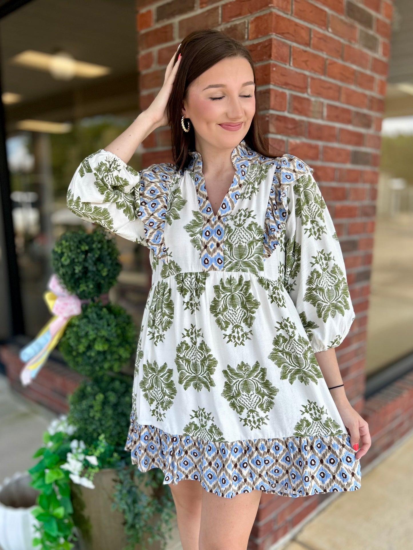 Tag Along Olive Mix Print Ruffle Mini Dress