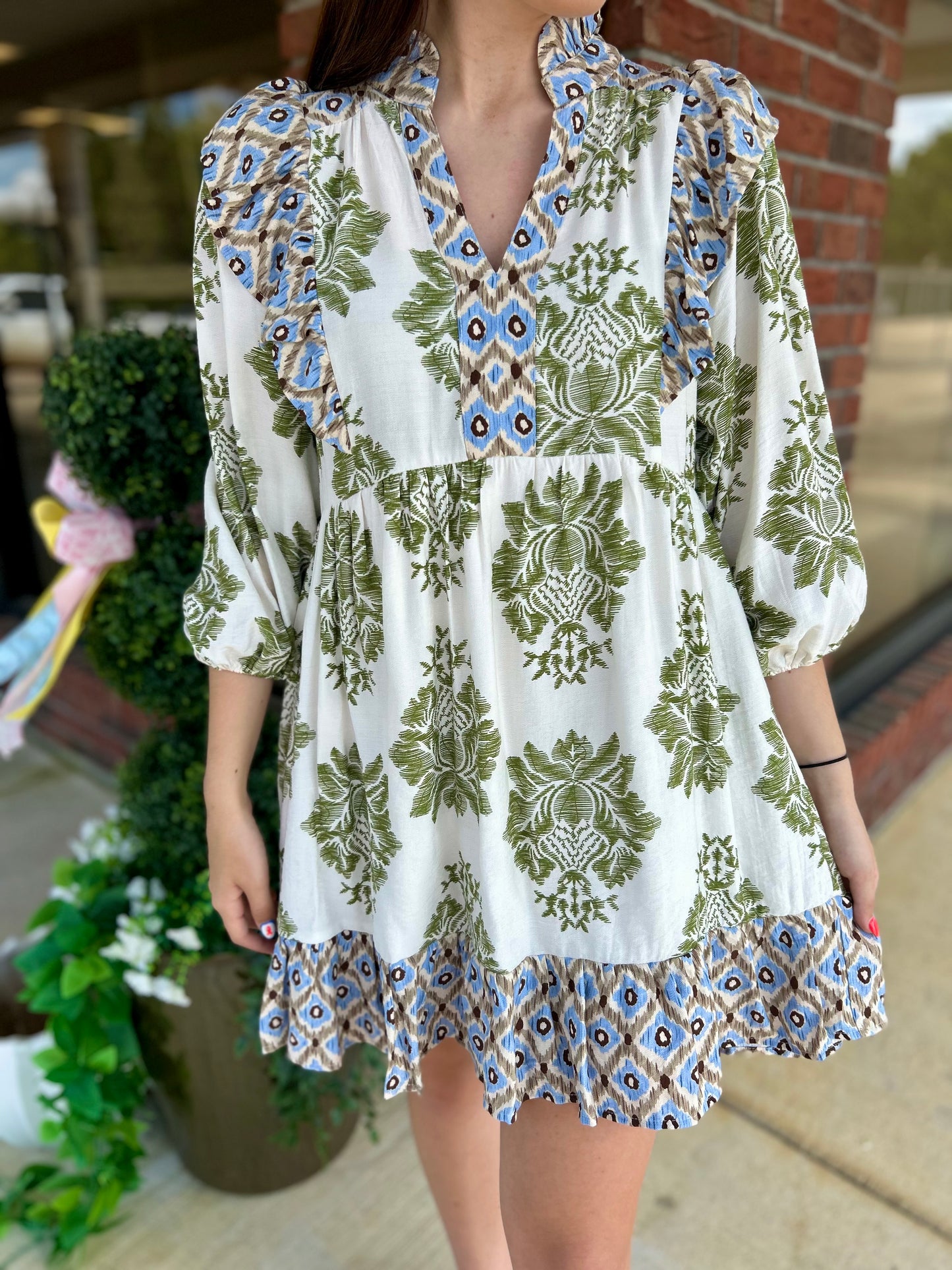 Tag Along Olive Mix Print Ruffle Mini Dress