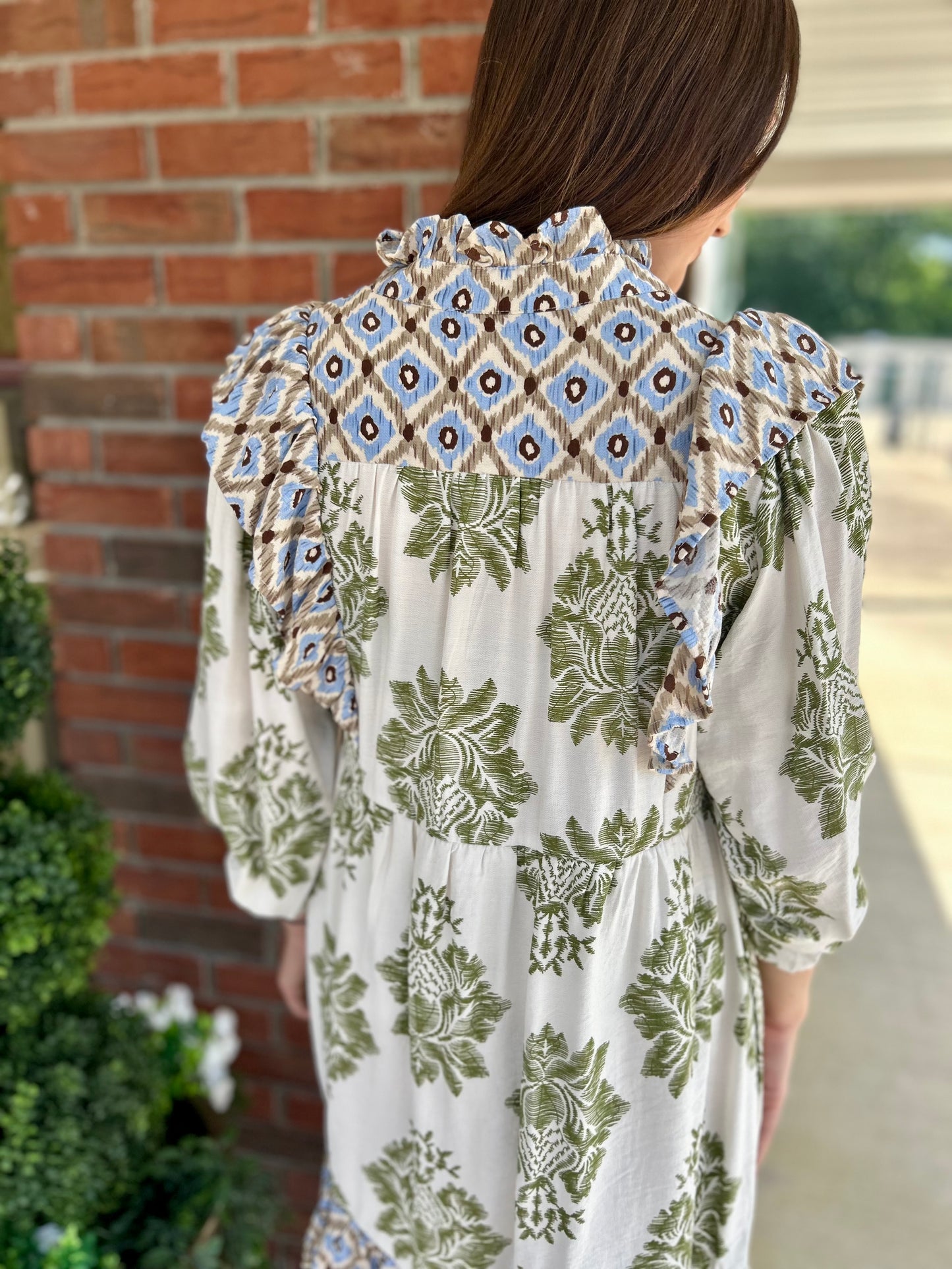 Tag Along Olive Mix Print Ruffle Mini Dress