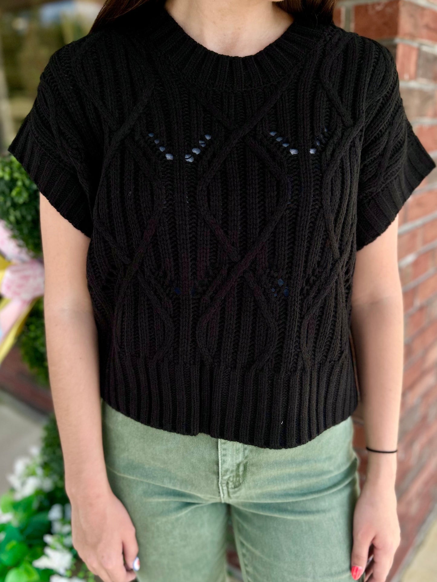 Twilight Black Cable Knit Short Sleeve Sweater Top