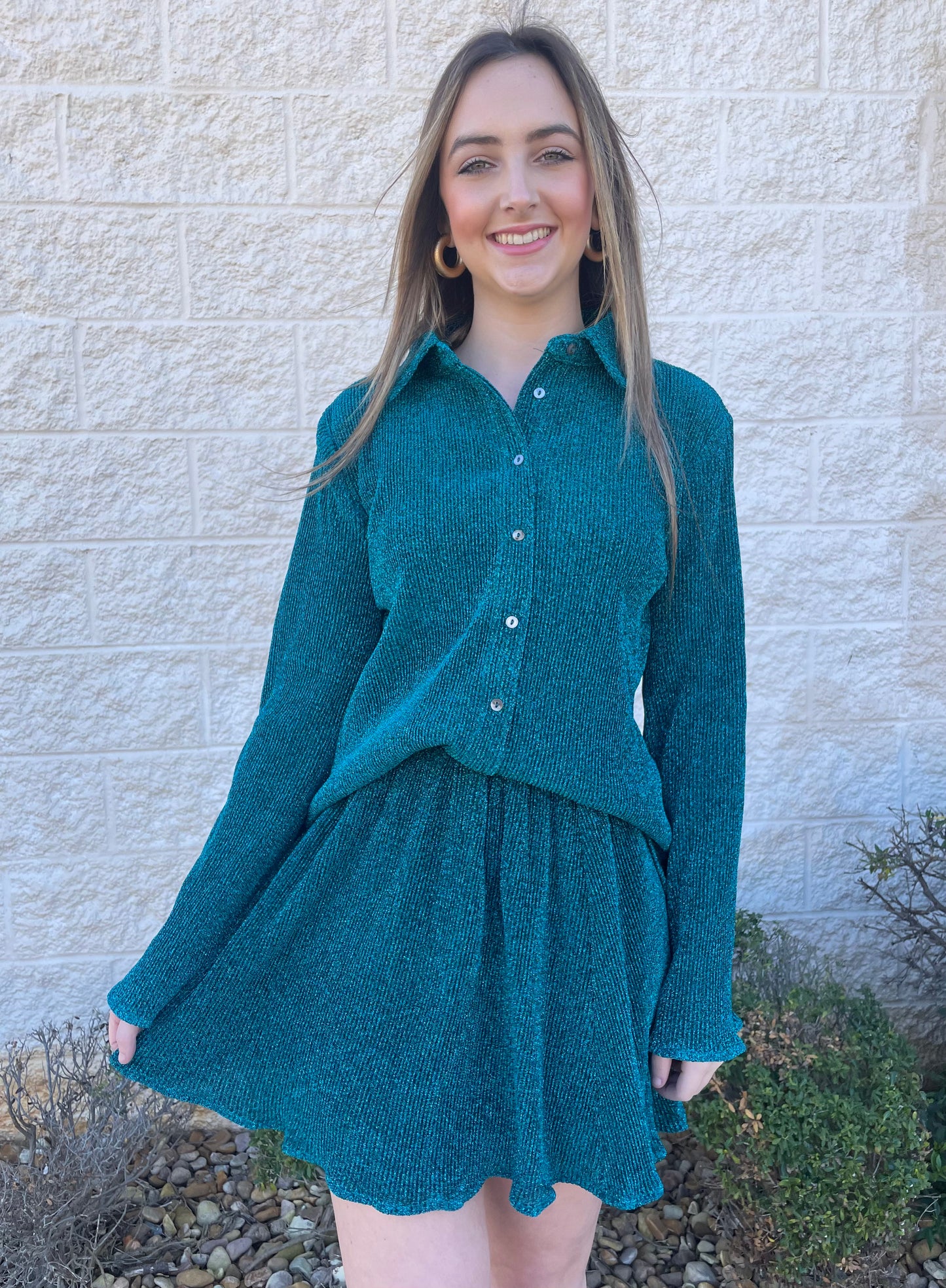 Envy Me Green Shimmer Button Up Top