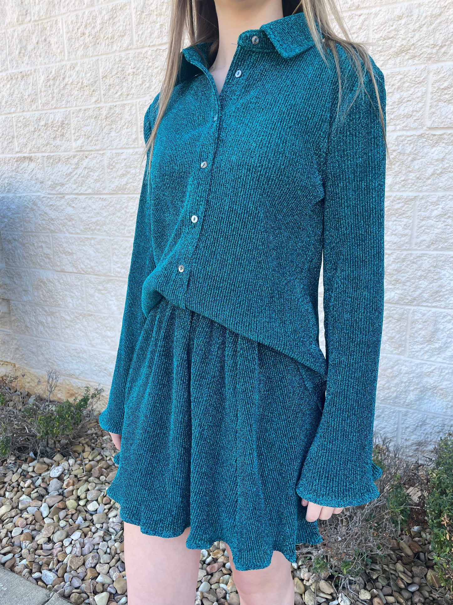 Envy Me Green Shimmer Button Up Top