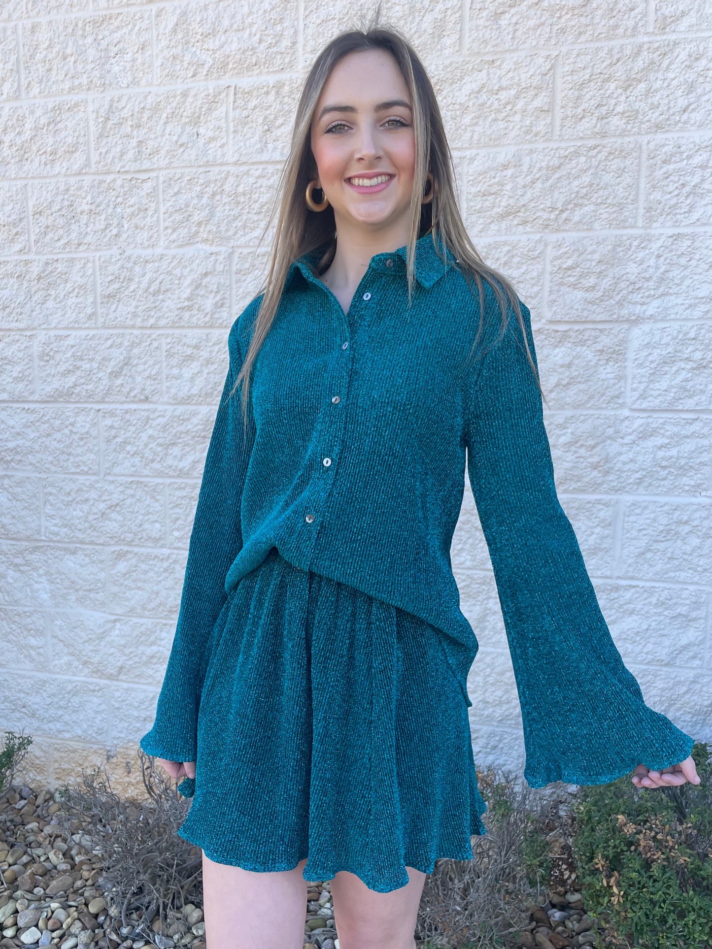 Envy Me Green Shimmer Button Up Top