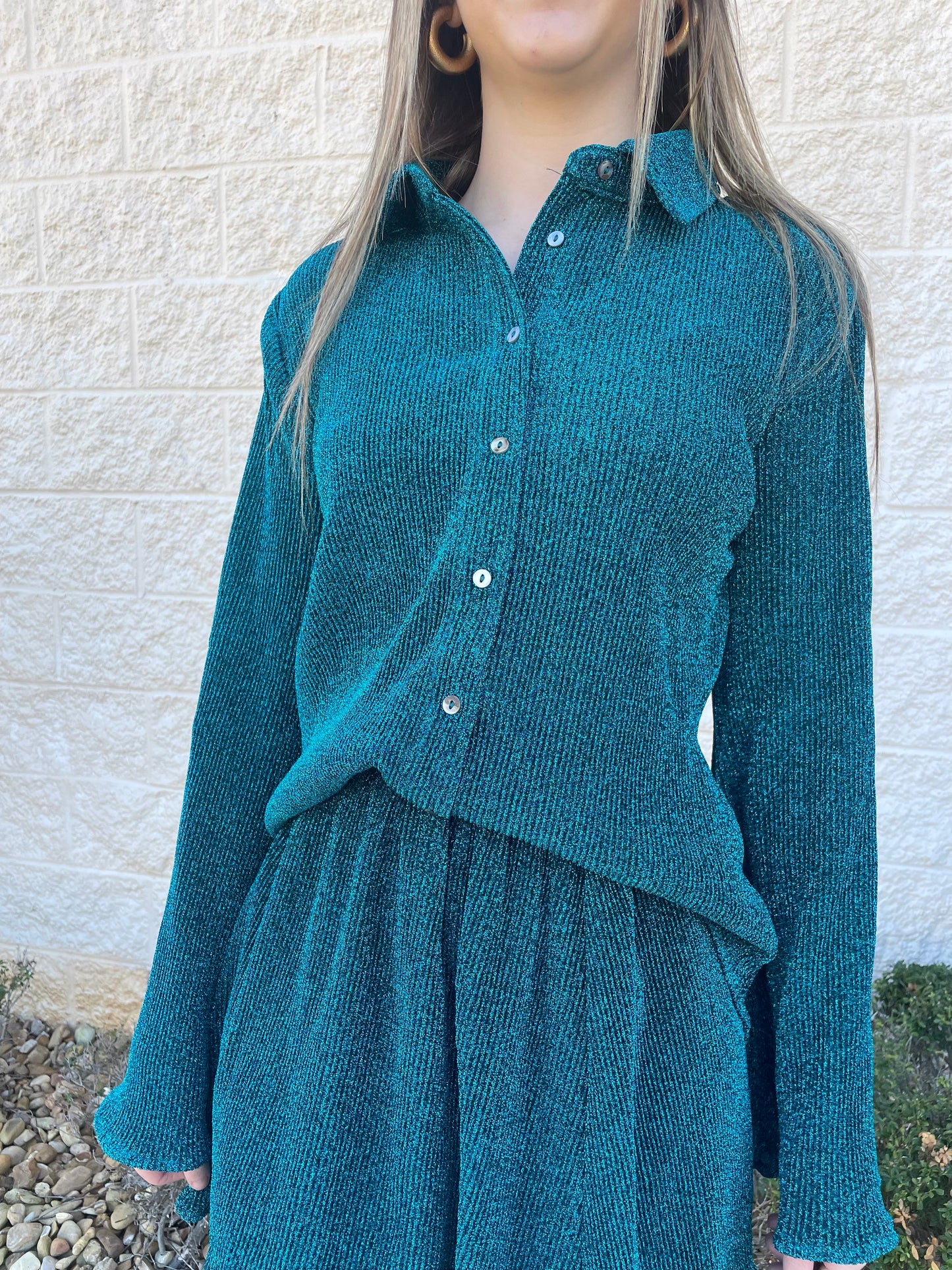 Envy Me Green Shimmer Button Up Top