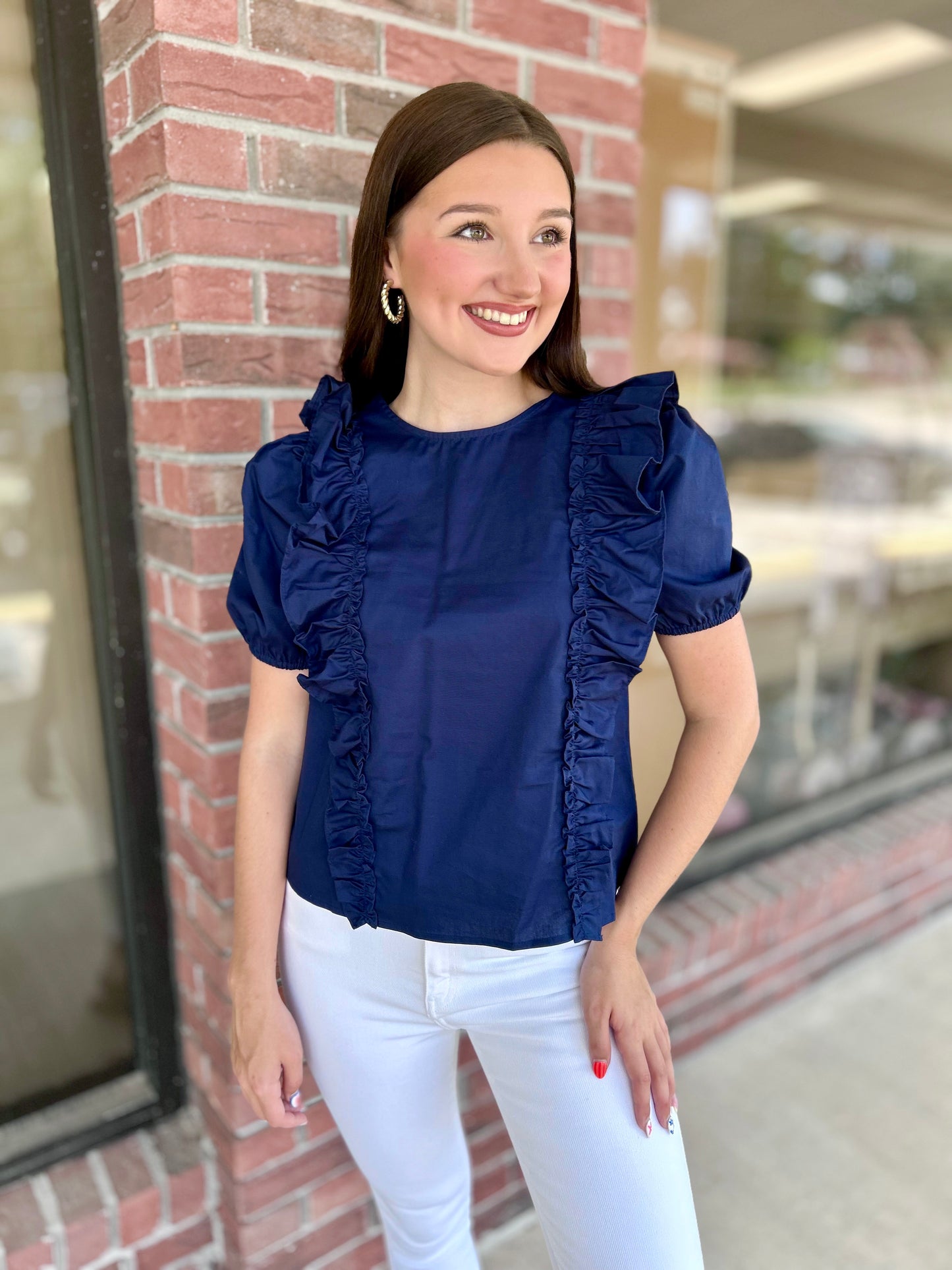 Walk Of Champions Navy Ruffle Top