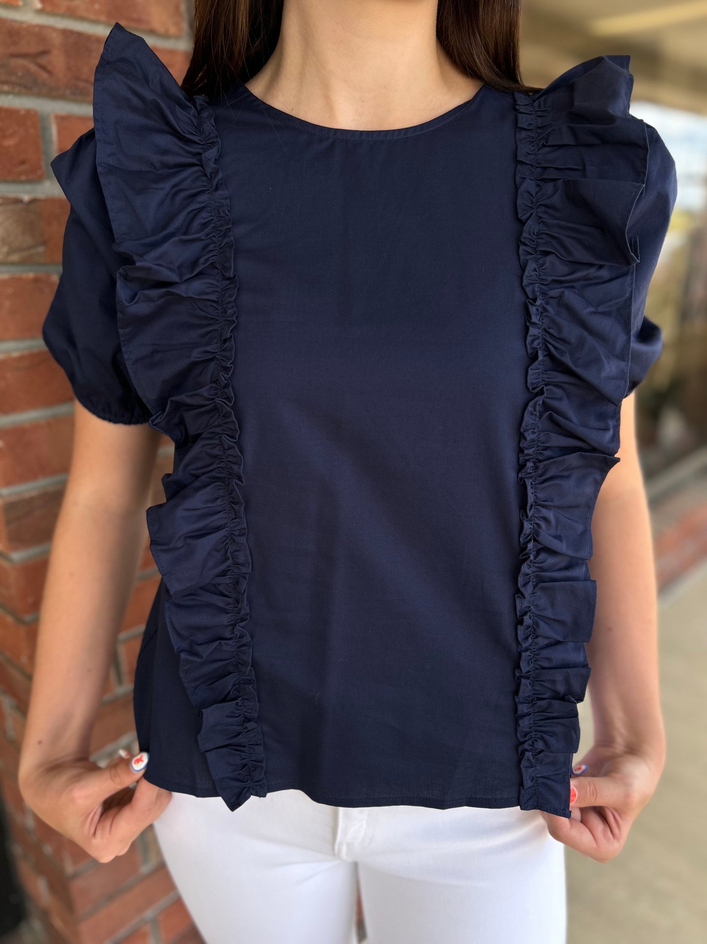 Walk Of Champions Navy Ruffle Top