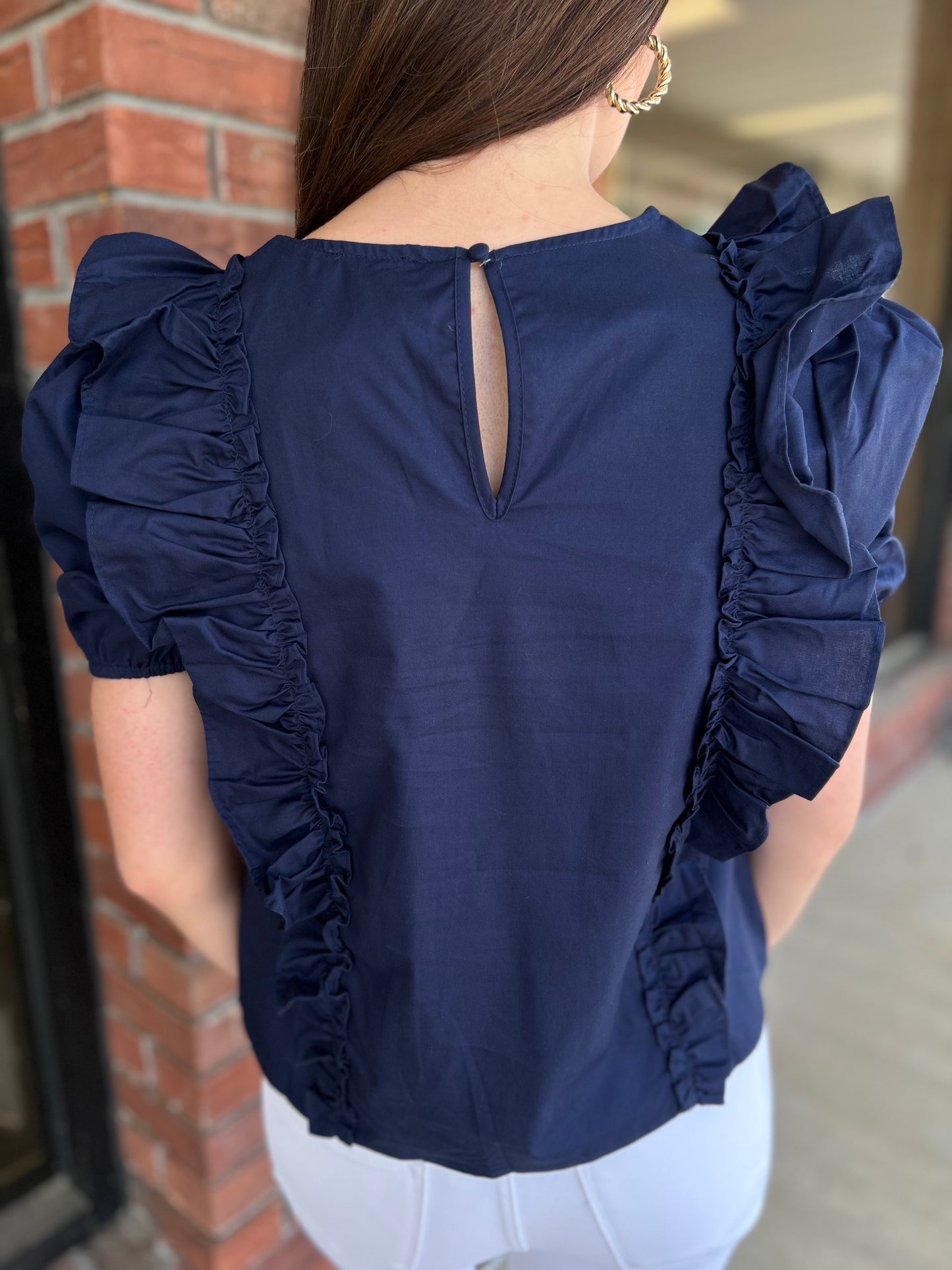 Walk Of Champions Navy Ruffle Top