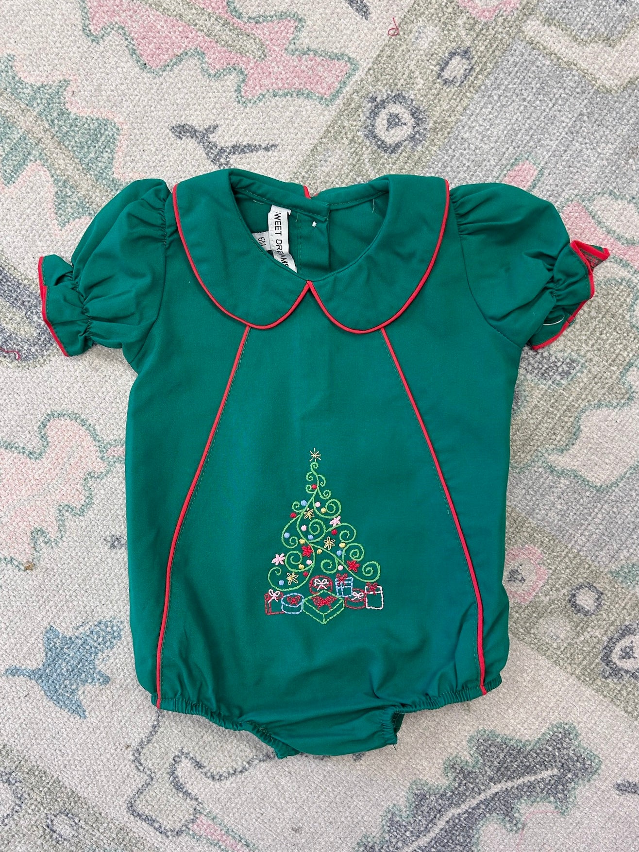Christmas Tree Embroidered Hunter Green Girl Bubble