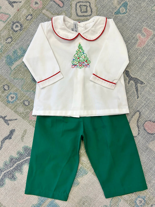 Christmas Tree Embroidered White & Hunter Boy Pants Set