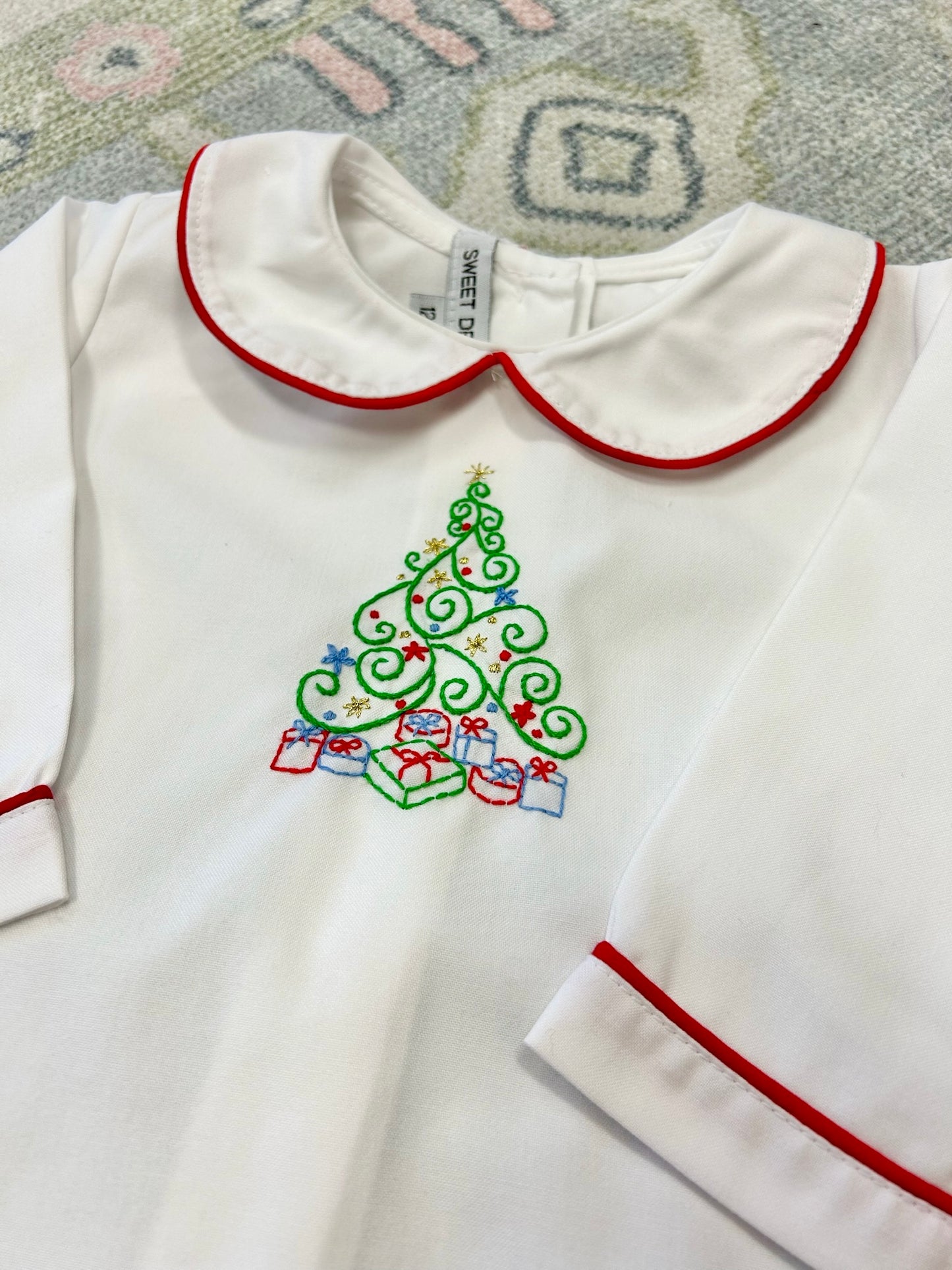 Christmas Tree Embroidered White & Hunter Boy Pants Set