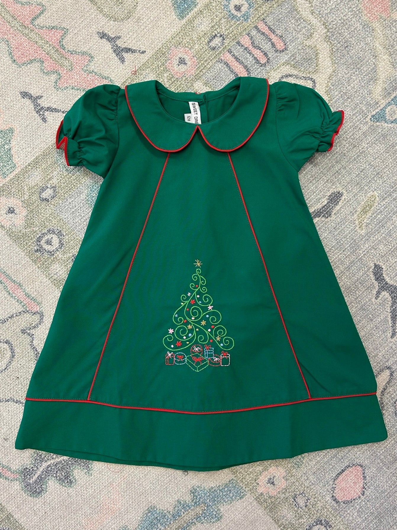 Christmas Tree Embroidered Hunter Green Dress