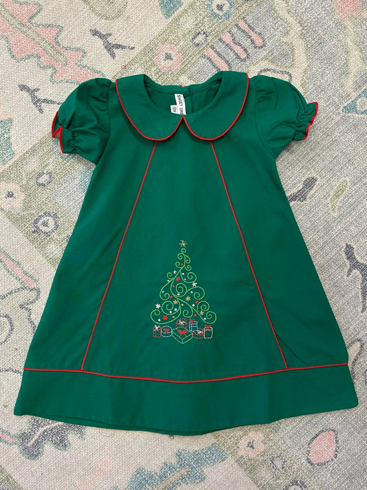 Christmas Tree Embroidered Hunter Green Dress