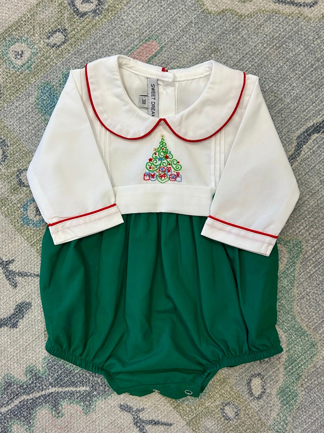 Christmas Tree Embroidered White & Hunter Green Boy Bubble