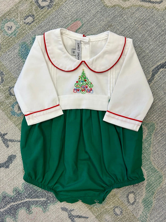 Christmas Tree Embroidered White & Hunter Green Boy Bubble