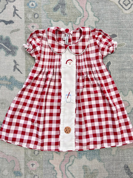 Santa & Cookie Embroidered Red Gingham Dress