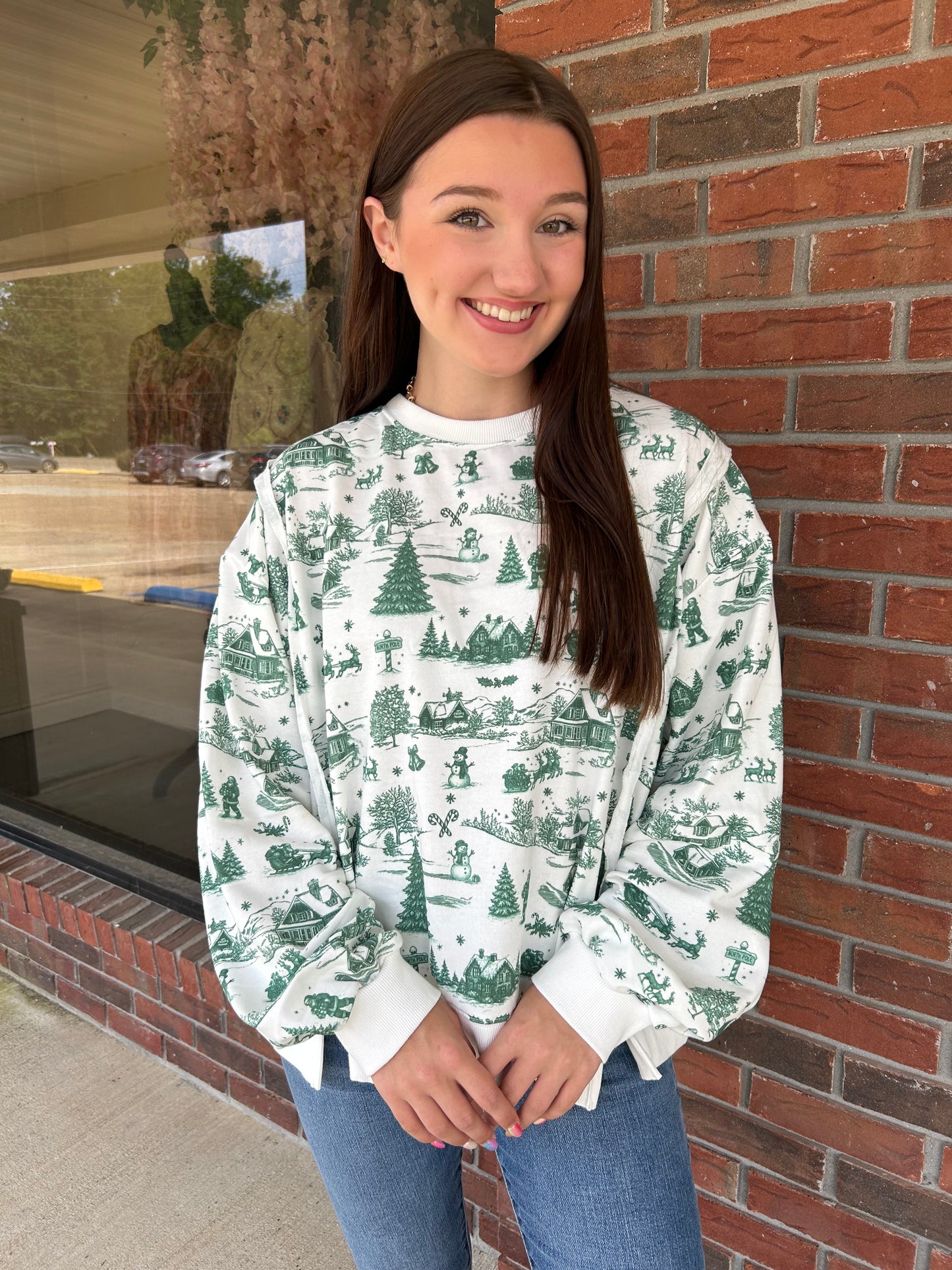 Green Holiday Toile Oversized Top