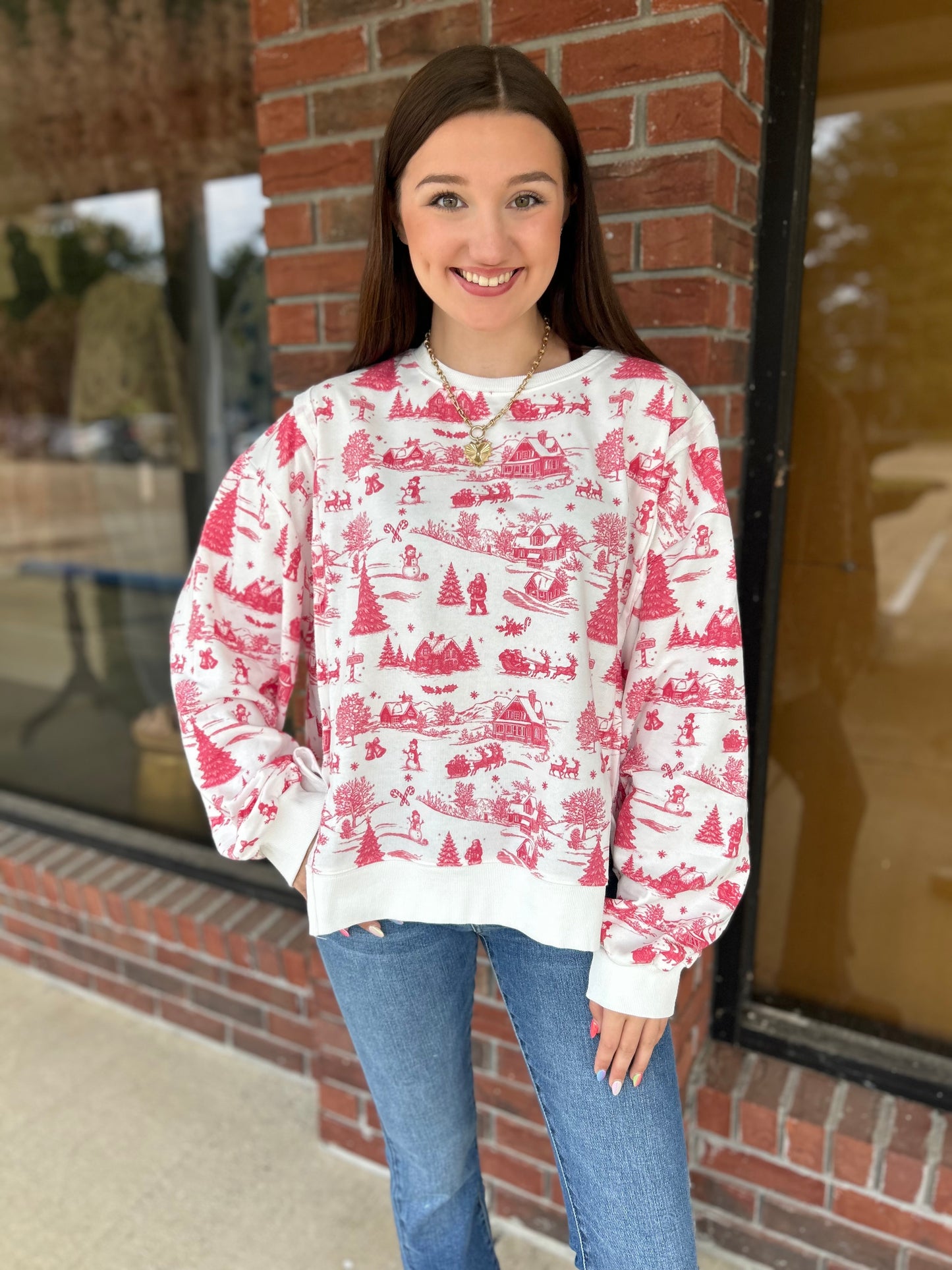 Red Holiday Toile Oversized Top