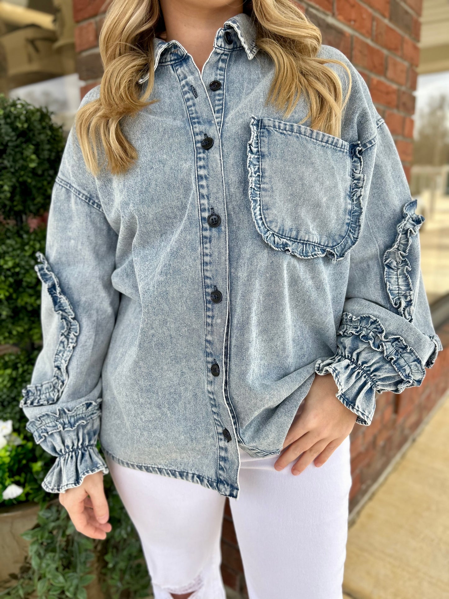 Demi Washed Denim Ruffled Detail Button Up Top