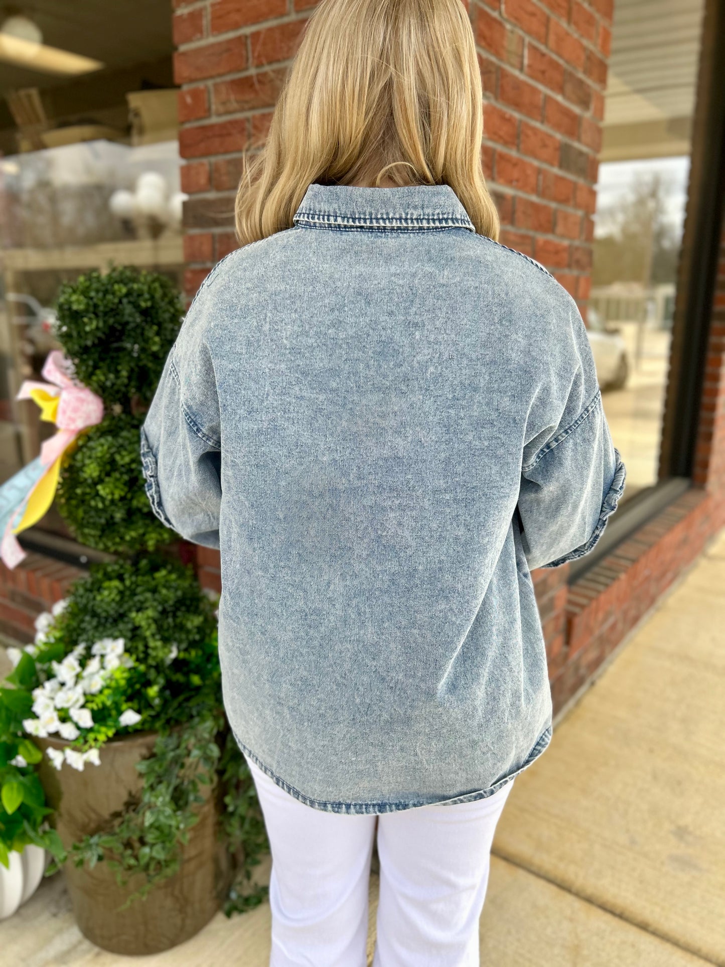 Demi Washed Denim Ruffled Detail Button Up Top