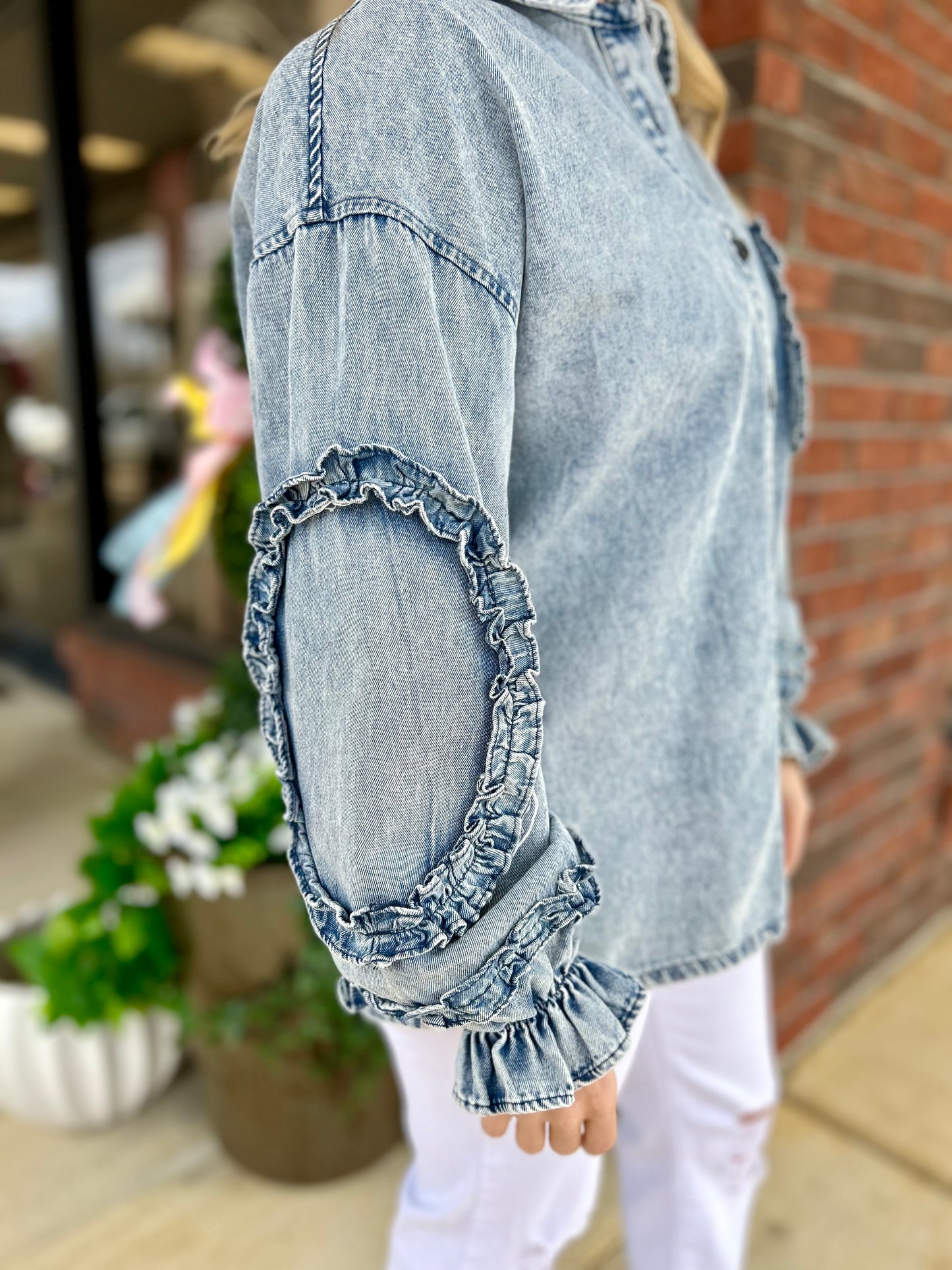 Demi Washed Denim Ruffled Detail Button Up Top