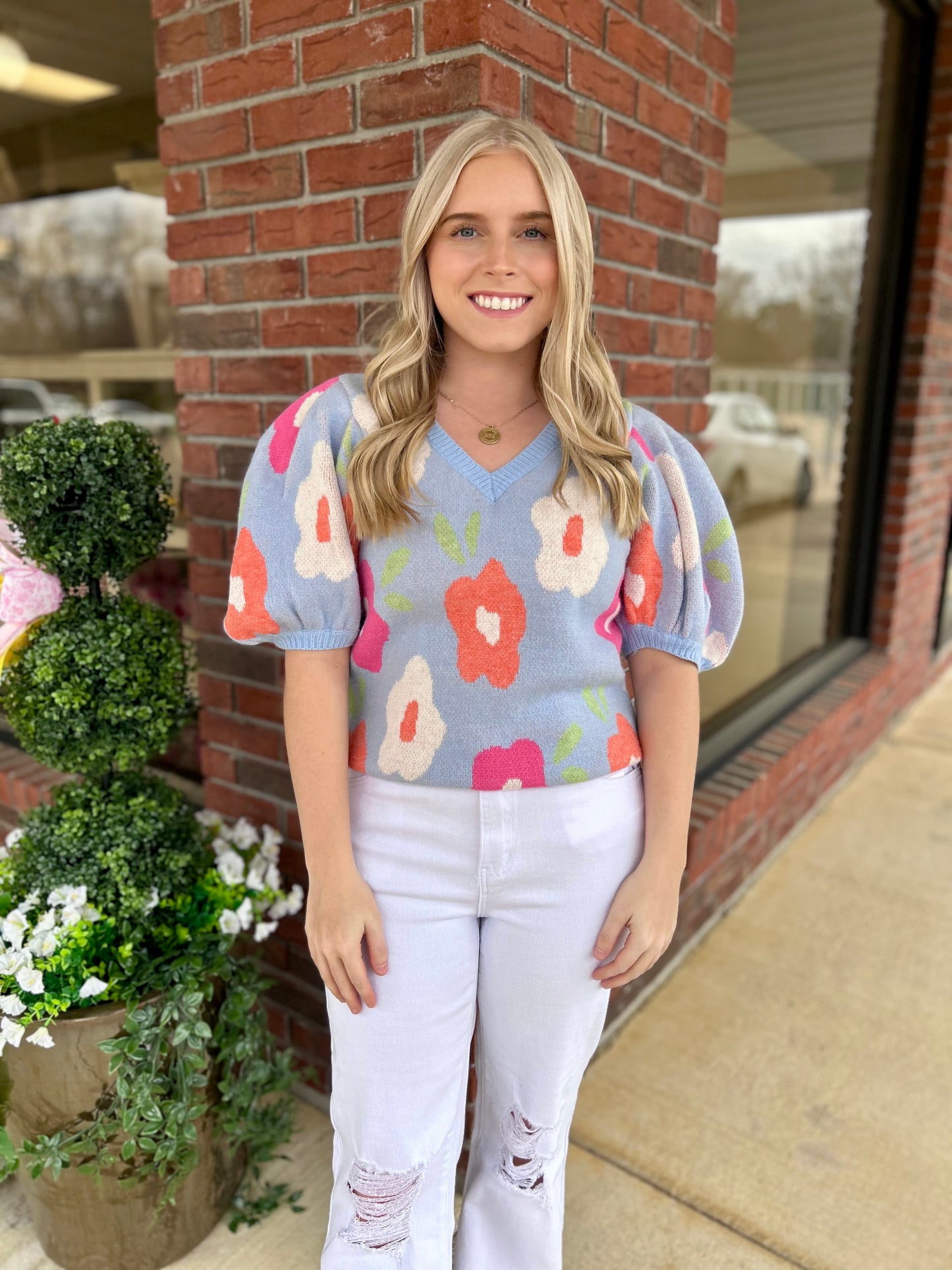 Feeling Retro Floral Pattern Puff Sleeve Sweater Top